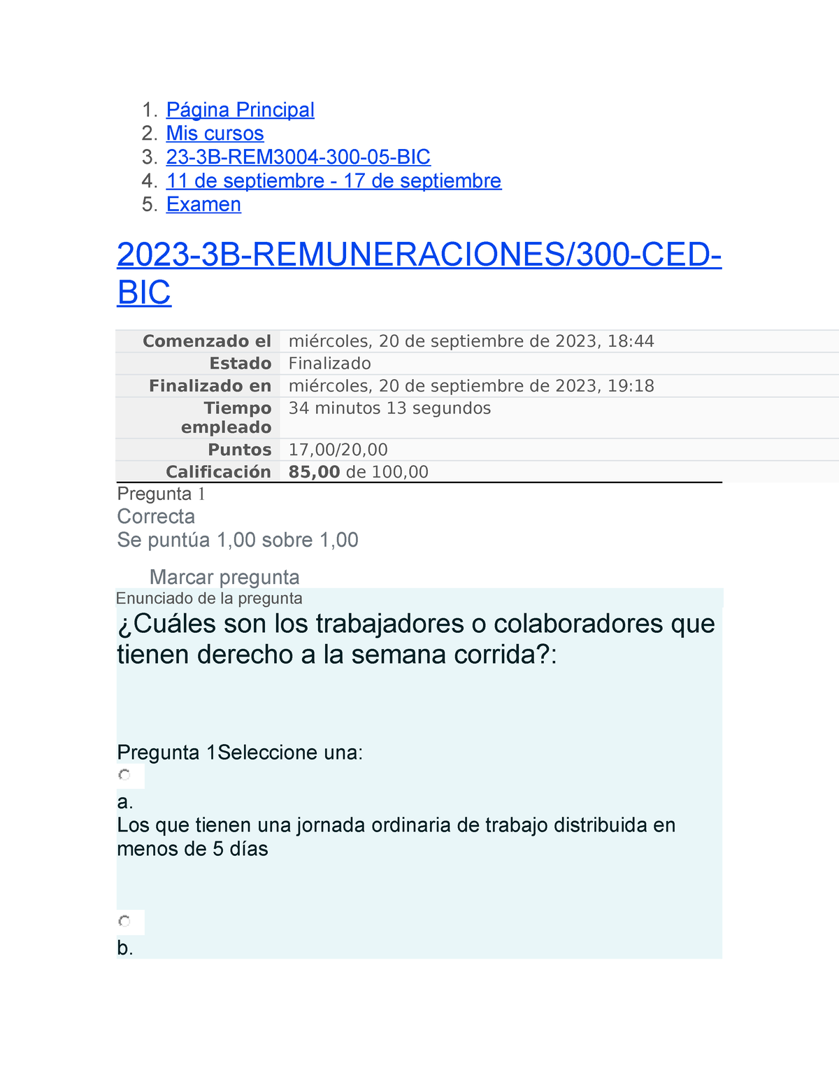 Examen Remuneraciones - 1. Página Principal 2. Mis Cursos 3. 23-3B ...