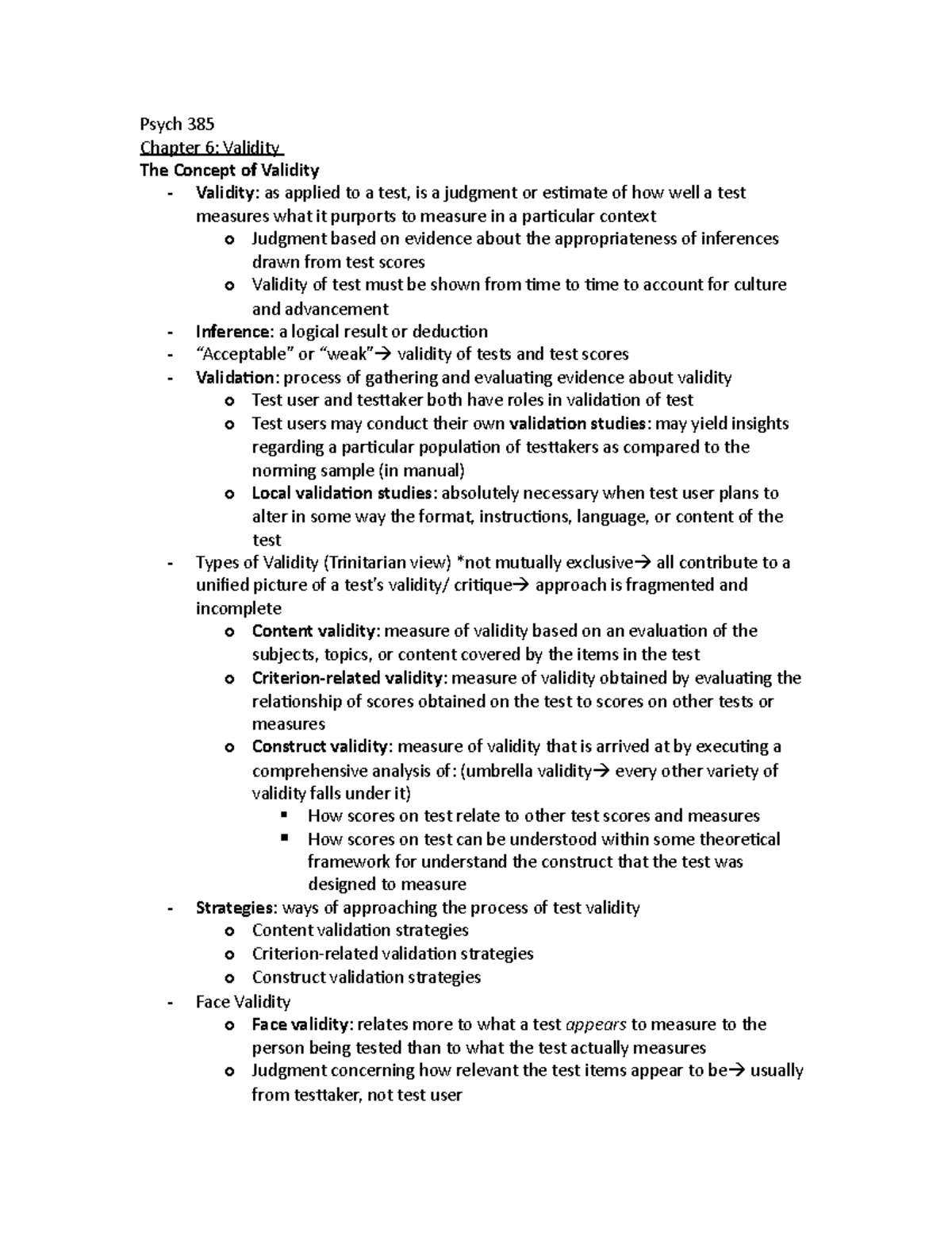 Psychology 385 Chapter 6 Notes - Psych 385 Chapter 6: Validity The ...