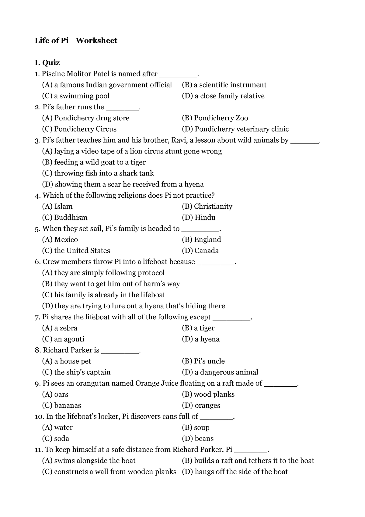 Worksheet ON THE LIFE OF PI - Life of Pi Worksheet I. Quiz Piscine ...