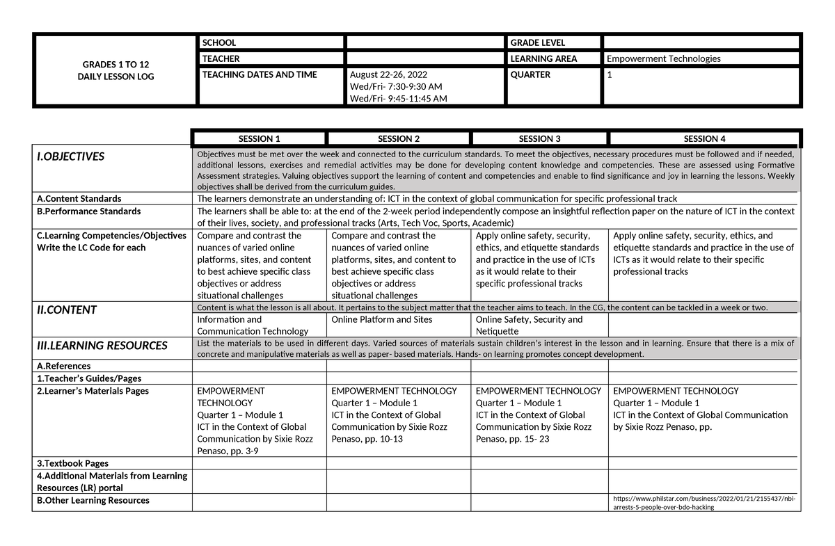 Et Q1 W1 - Lesson Plan - Grades 1 To 12 Daily Lesson Log School Grade 