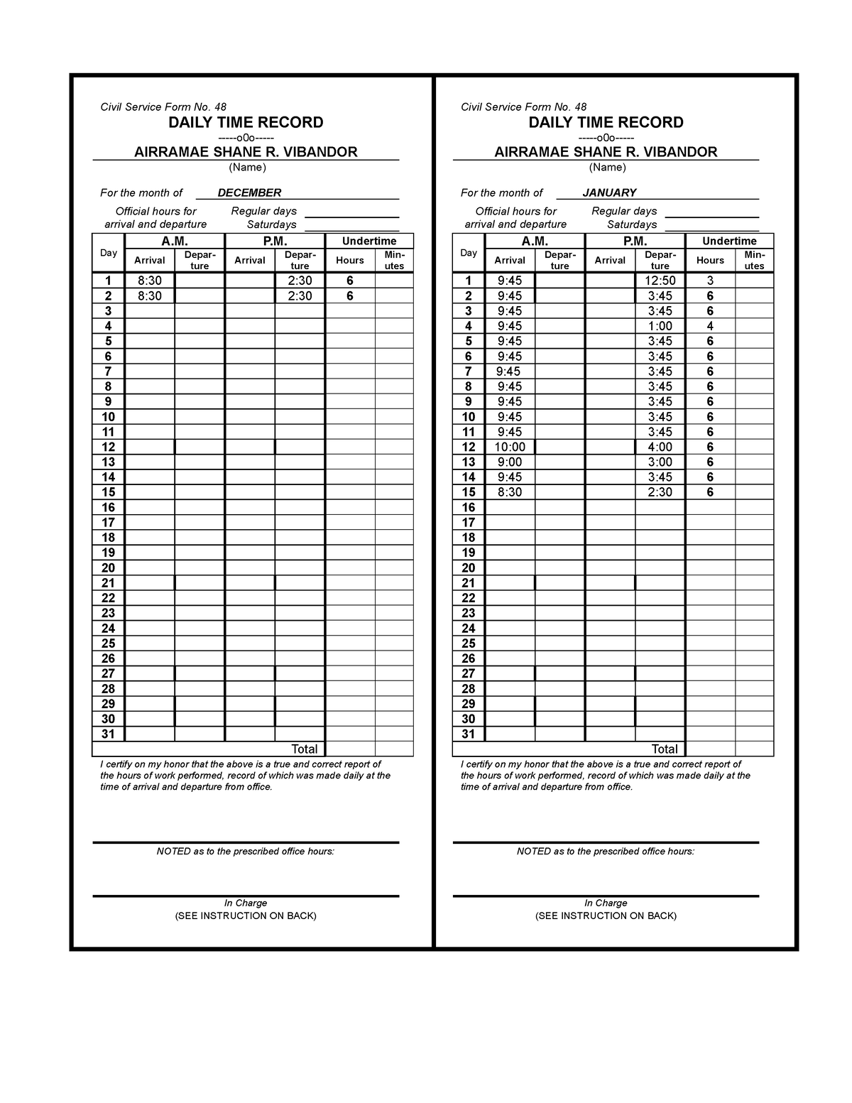 CSC Form 48 Daily Time Record (DTR) Civil Service Form 48, 57% OFF