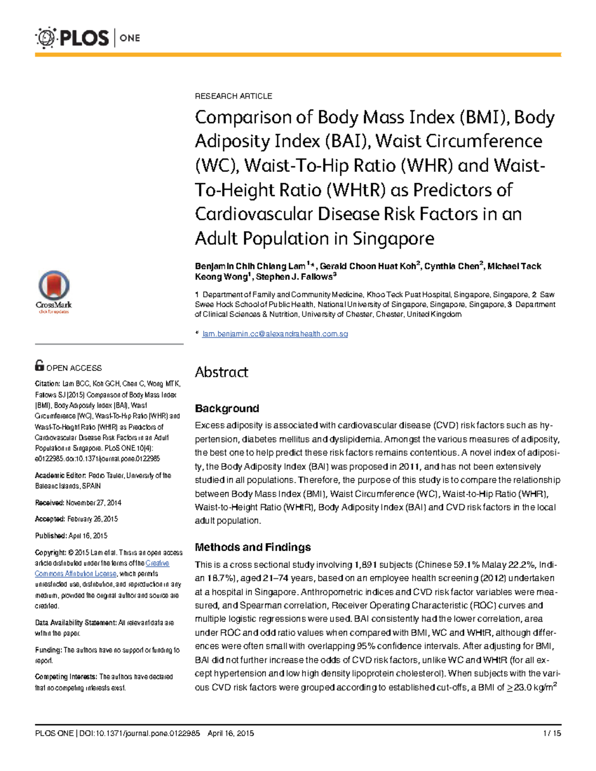 Comparison of BMI, BAI, Waist Circumference (WC), WHR and WHt R as ...
