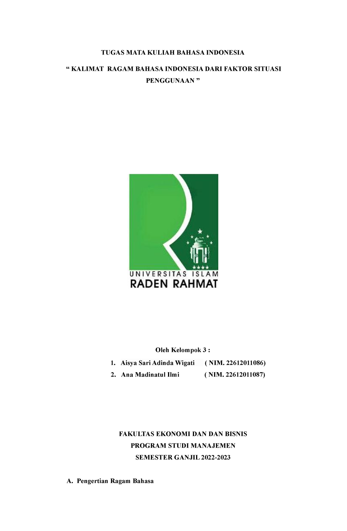 B Indo 2 - Summary - TUGAS MATA KULIAH BAHASA INDONESIA “ KALIMAT RAGAM ...