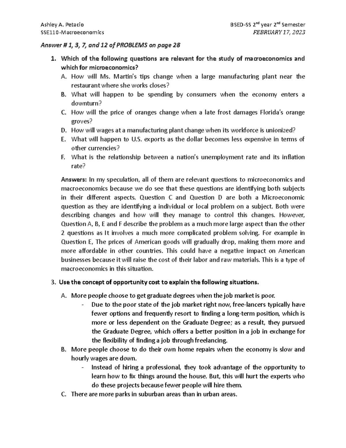 Activity 1 Macroeconomics - SSE110-Macroeconomics FEBRUARY 17, 2023 ...