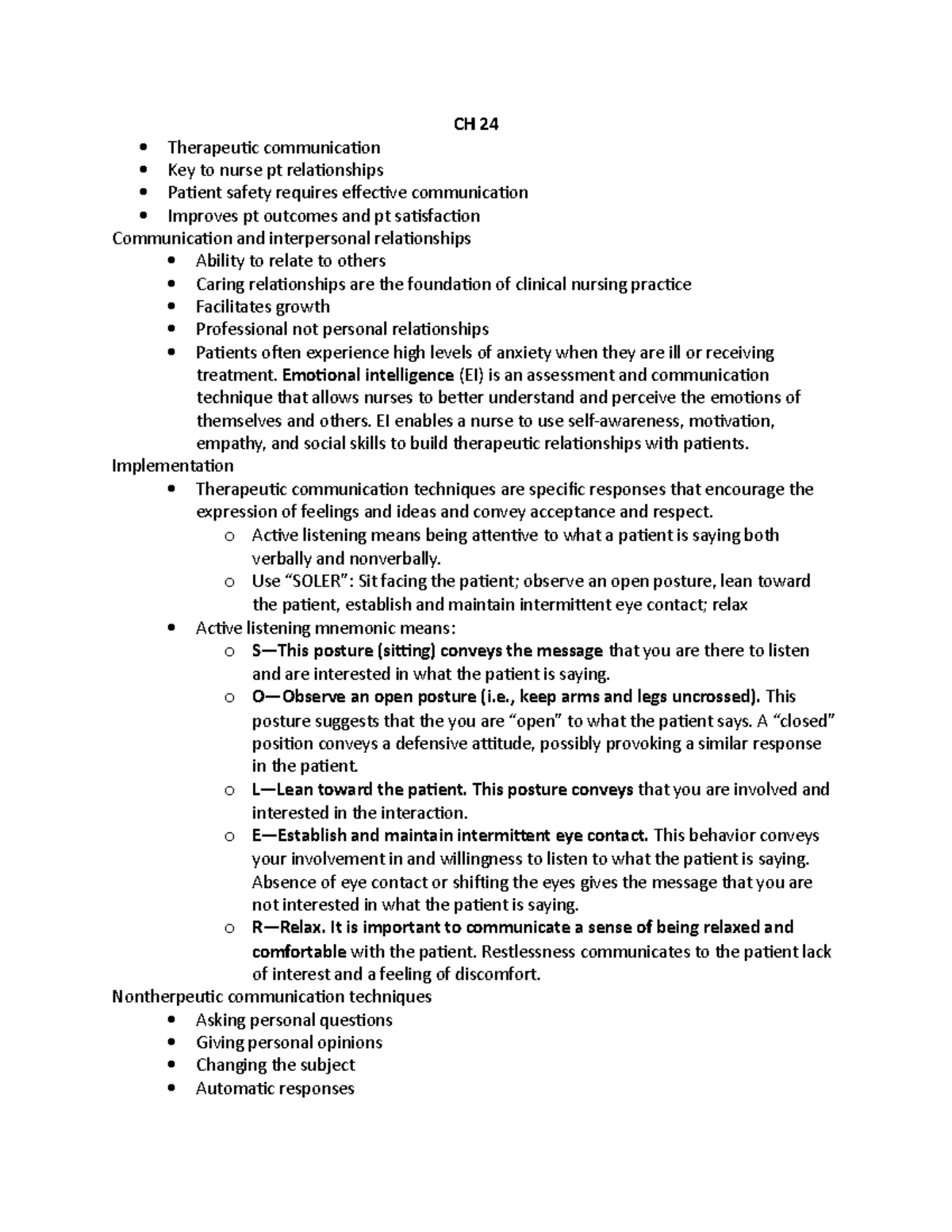 CH 24,26 - nursing notes - CH 24 Therapeutic communication Key to nurse ...