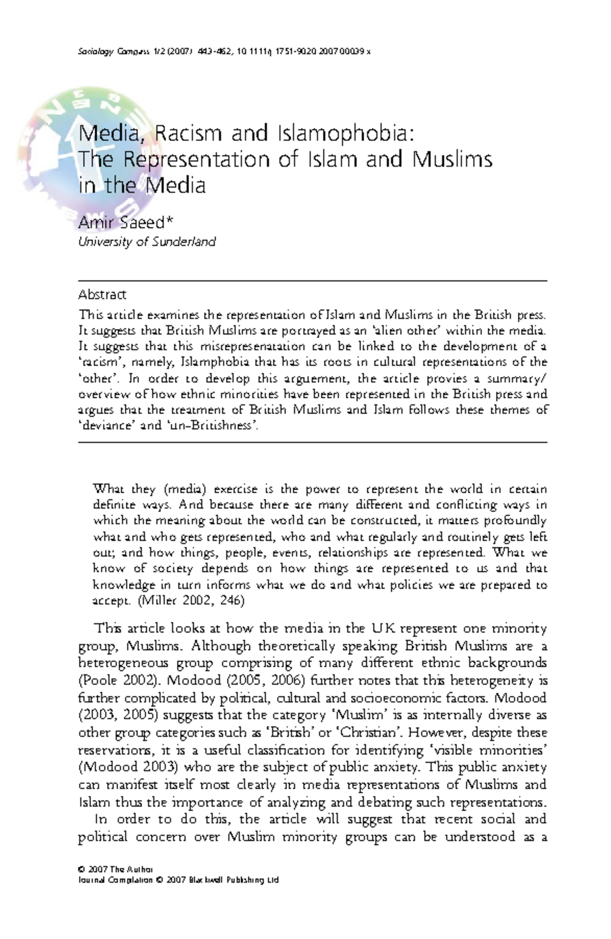 Sociology reading - © 2007 The Author Sociology Compass 1/2 (2007): 443 ...