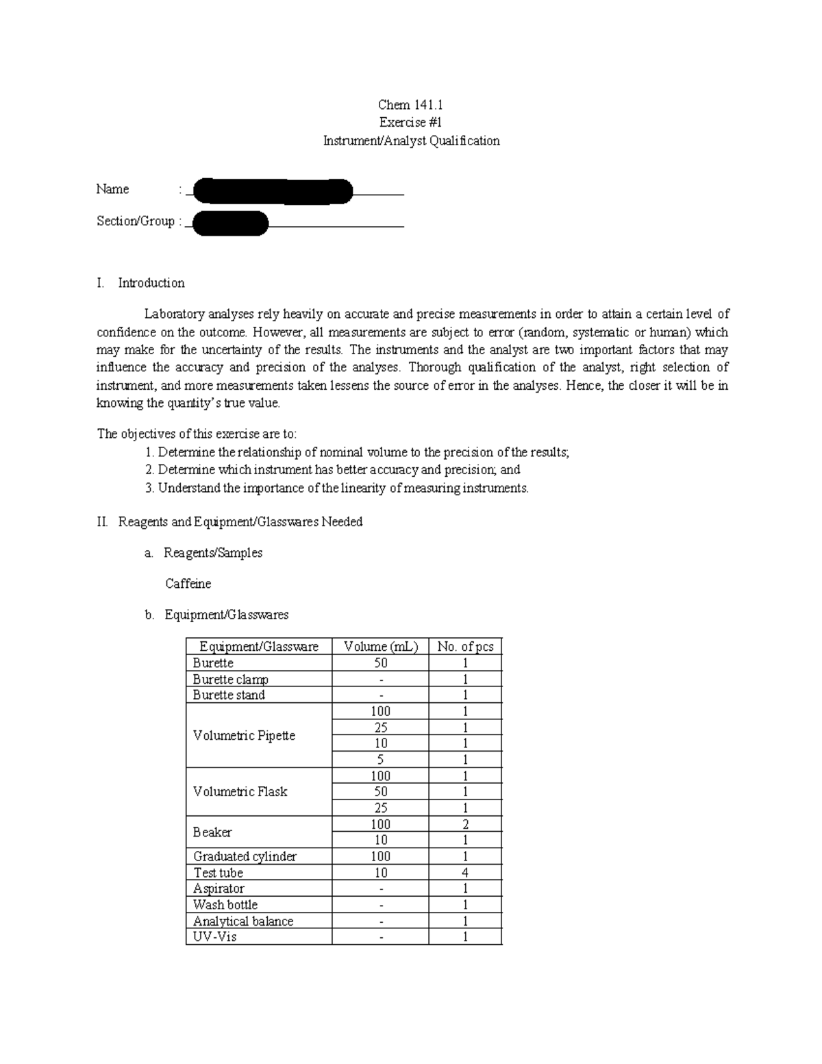 CHEM 141.1 Exercise 1 - Chem 141. Exercise # Instrument/Analyst ...