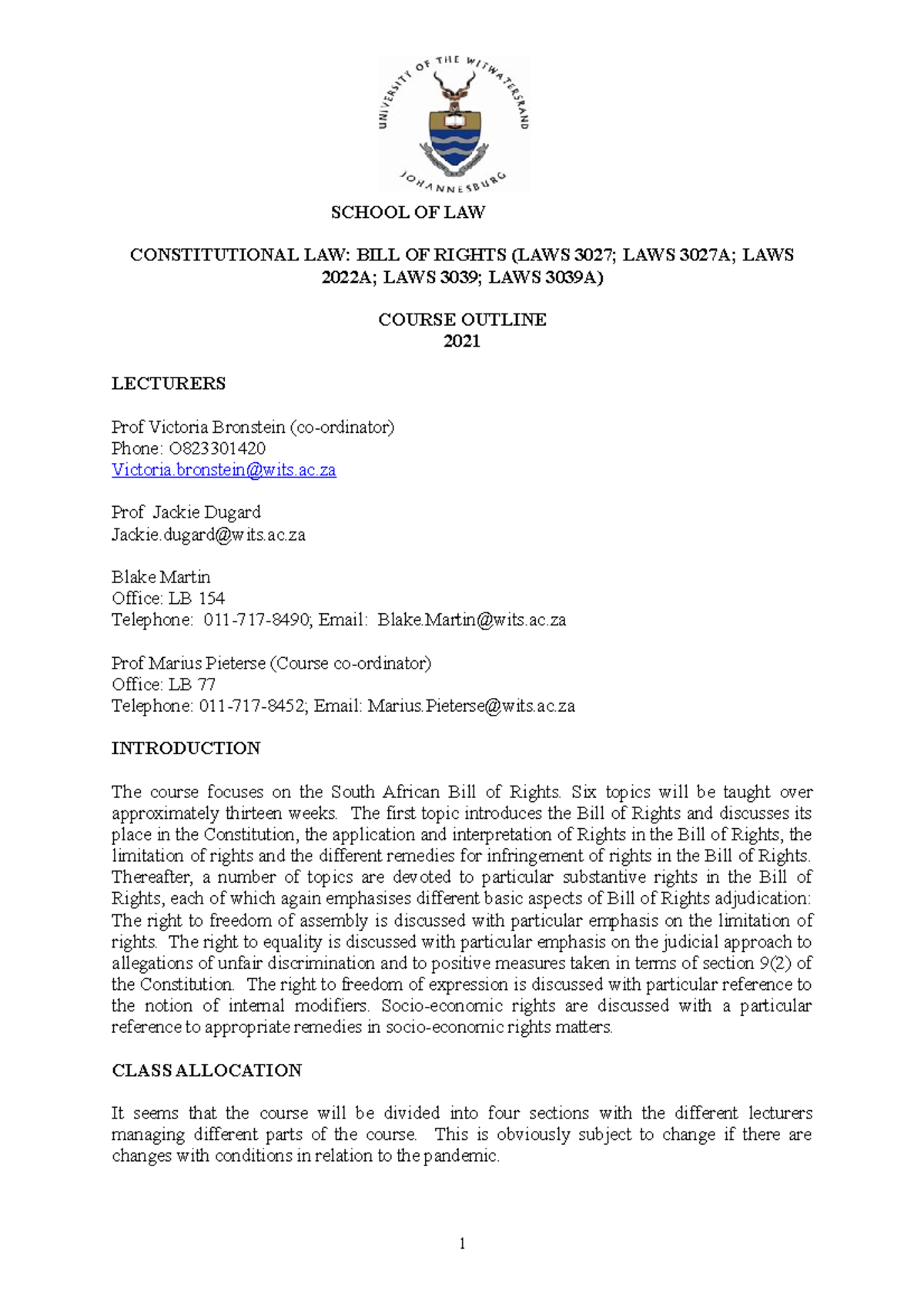Constitutional Law Bill of Rights 2021 outline - SCHOOL OF LAW ...