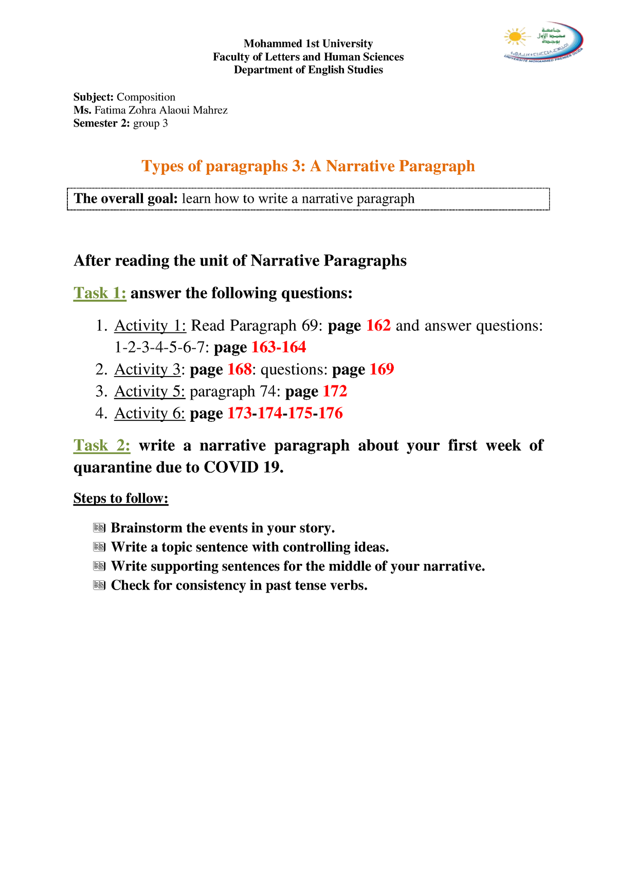 narrative paragraph assignment