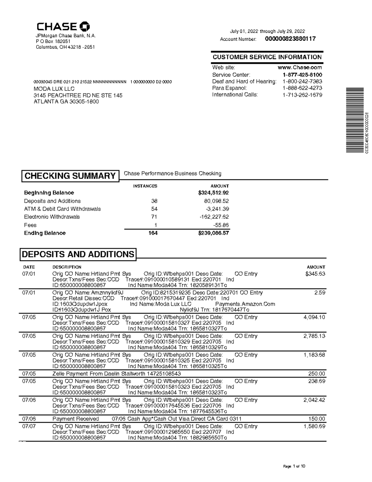 July 2022 Bank Statements - 000000823880117 CUSTOMER SERVICE ...