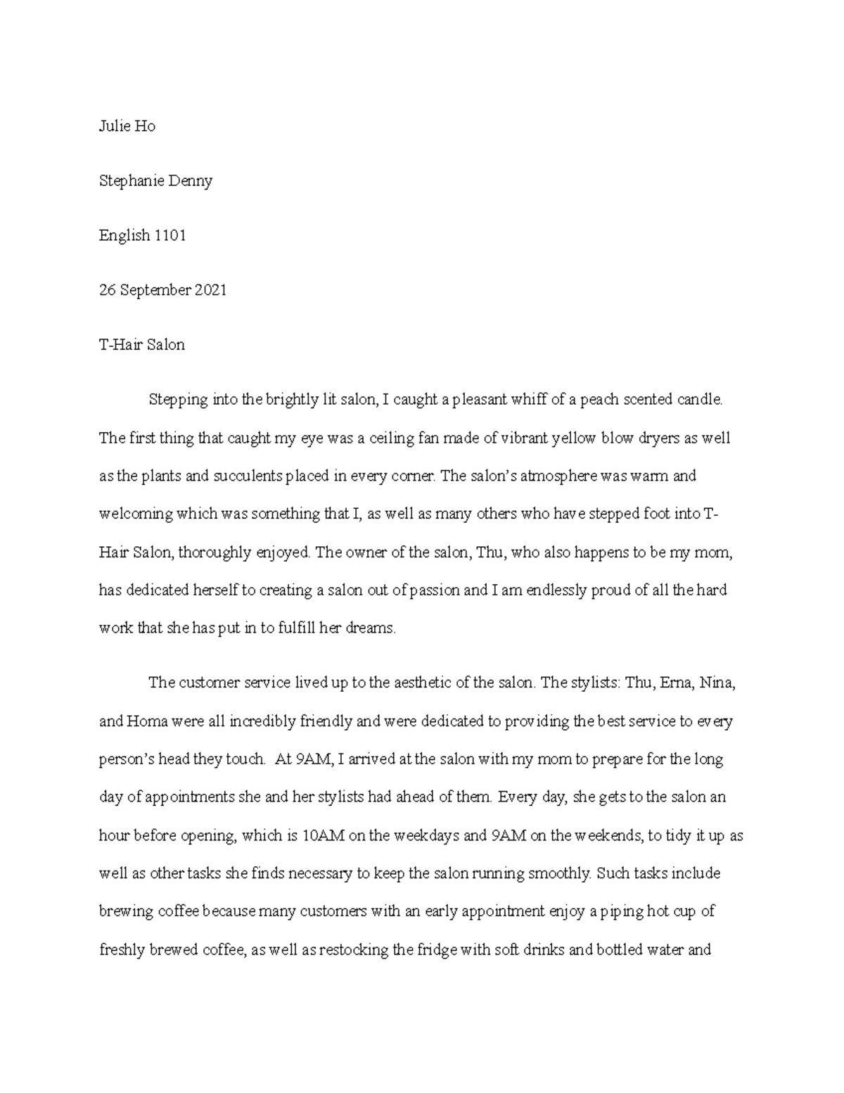 Profile Paper - Julie Ho Stephanie Denny English 1101 26 September 2021 ...
