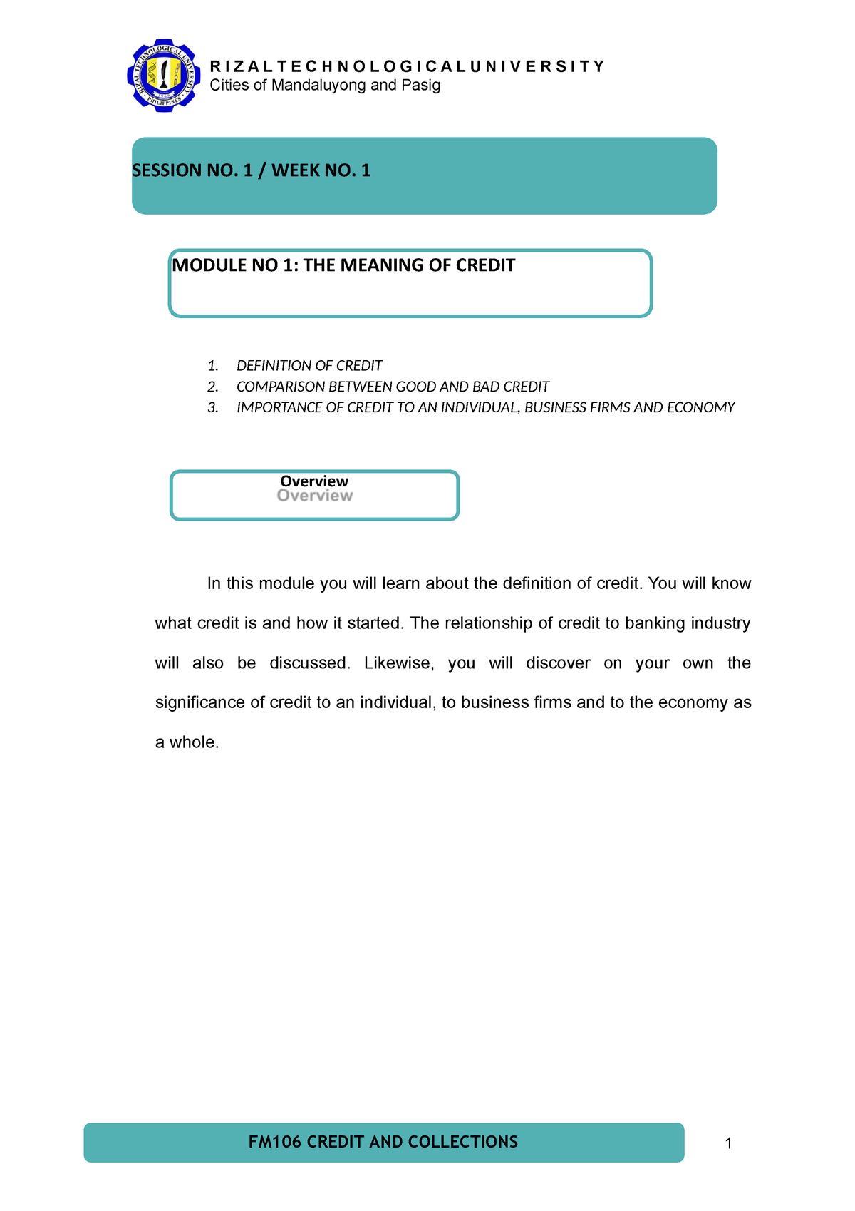 Module 1 THE MEANING OF CREDIT Credit And Collection Financial 