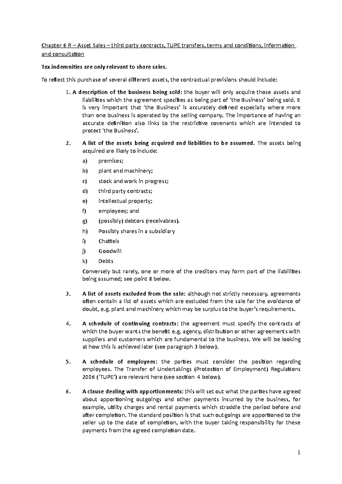 Chapter 6 R - Asset Sales – third party contracts, TUPE transfers ...