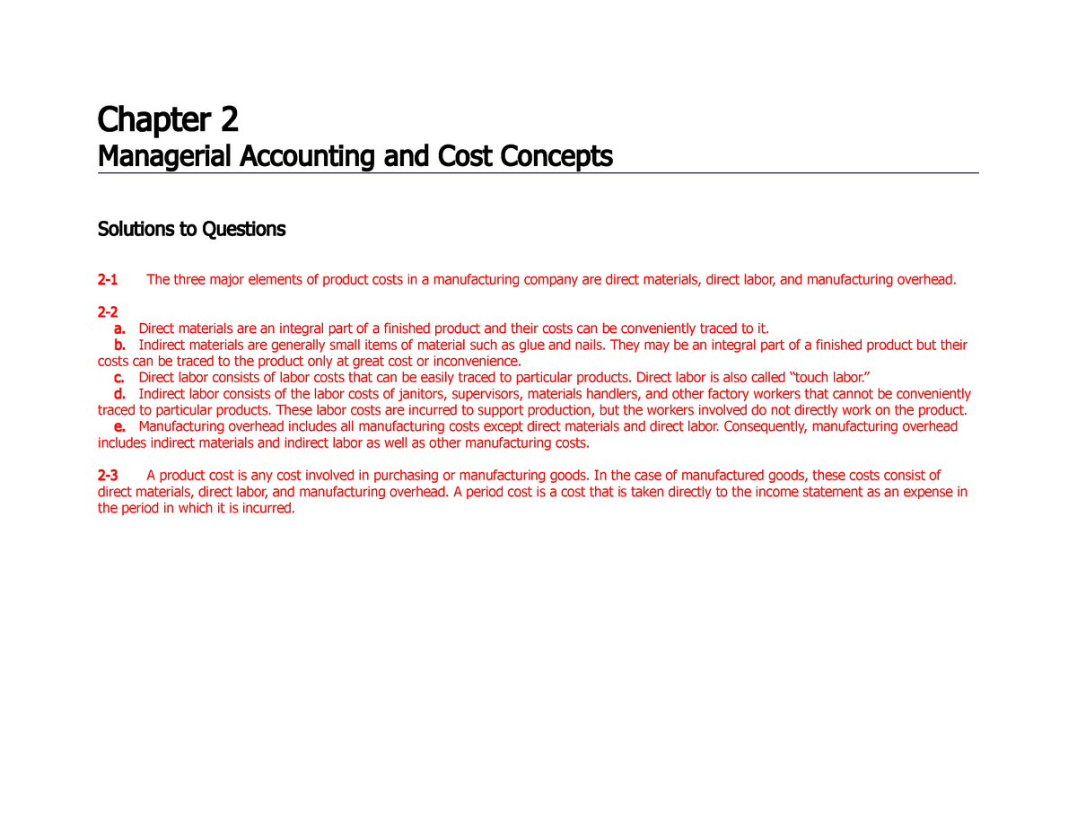 Chapter 2 Problem Solutions - Chapter 2 Managerial Accounting And Cost ...