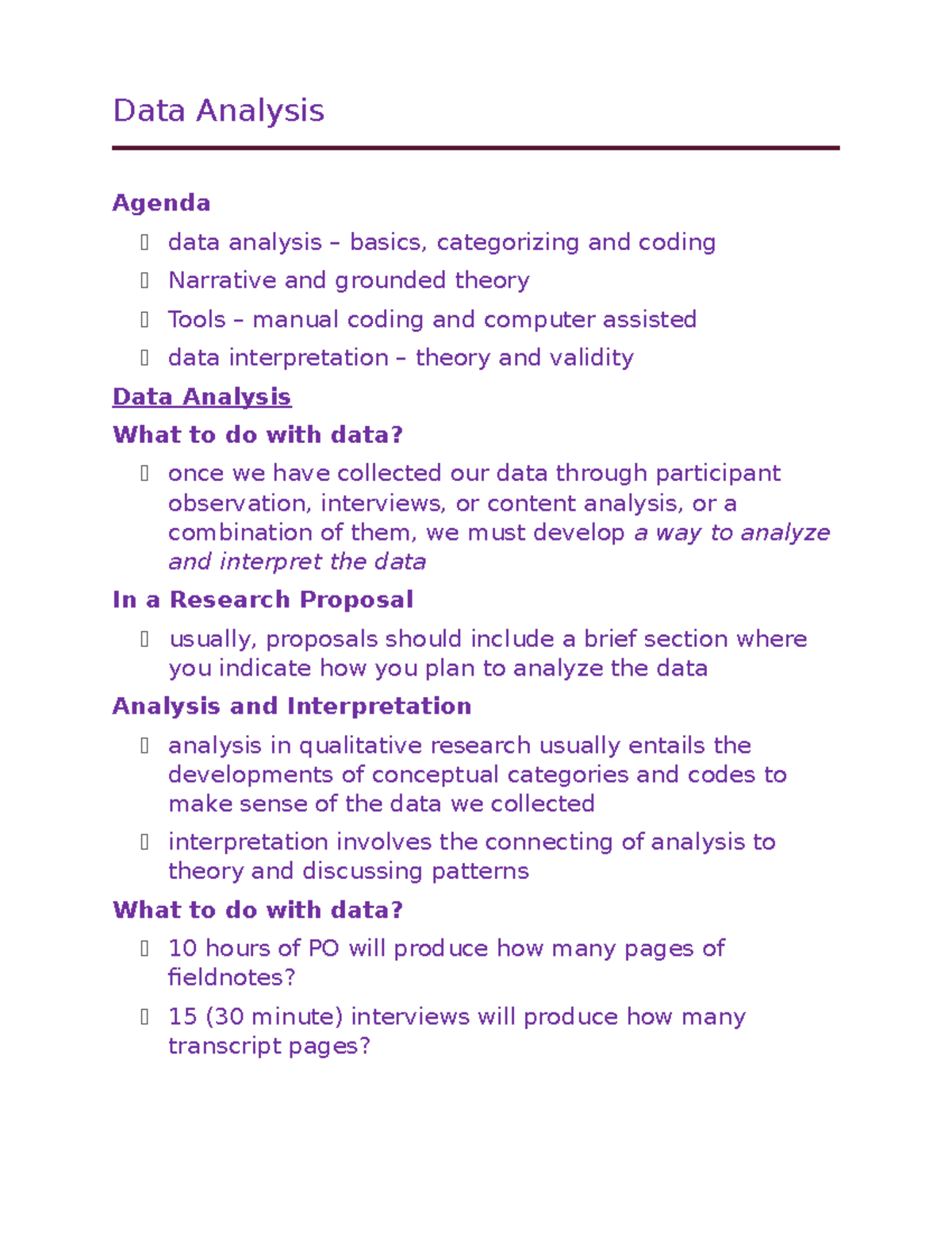 Qual Notes 10.31 11 - Data Analysis Agenda data analysis – basics ...