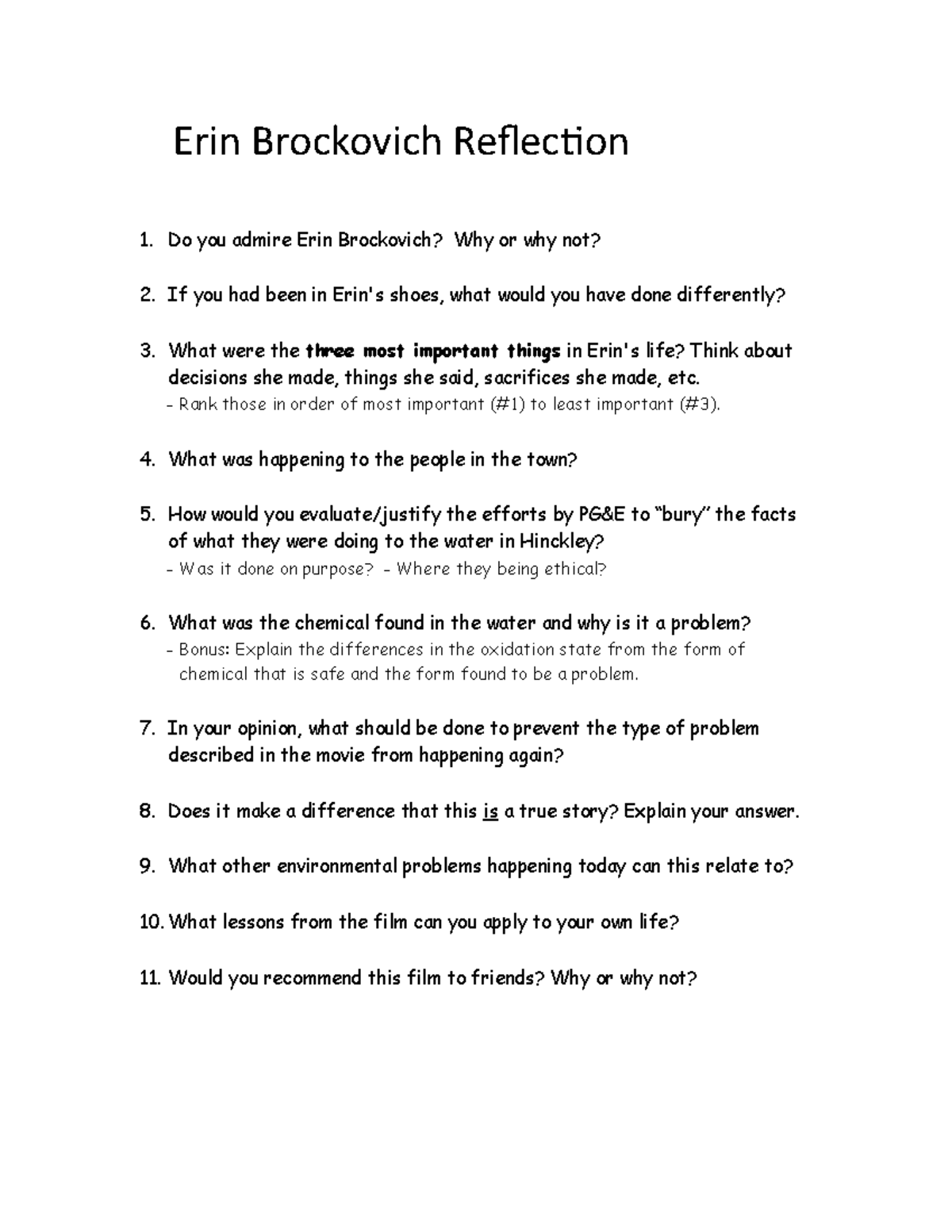 Erin Brockovich Questions - Erin Brockovich Reflection 1. Do you admire ...