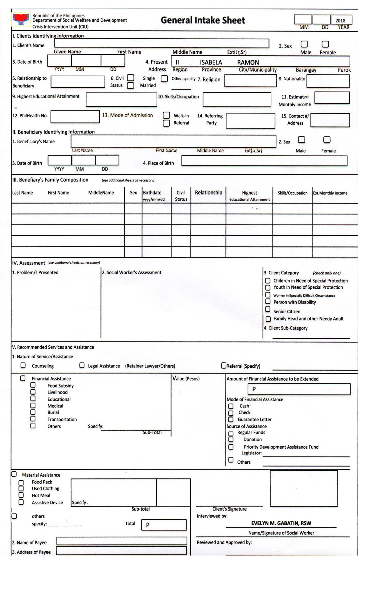 DSWD General Intake Sheet - History - Studocu