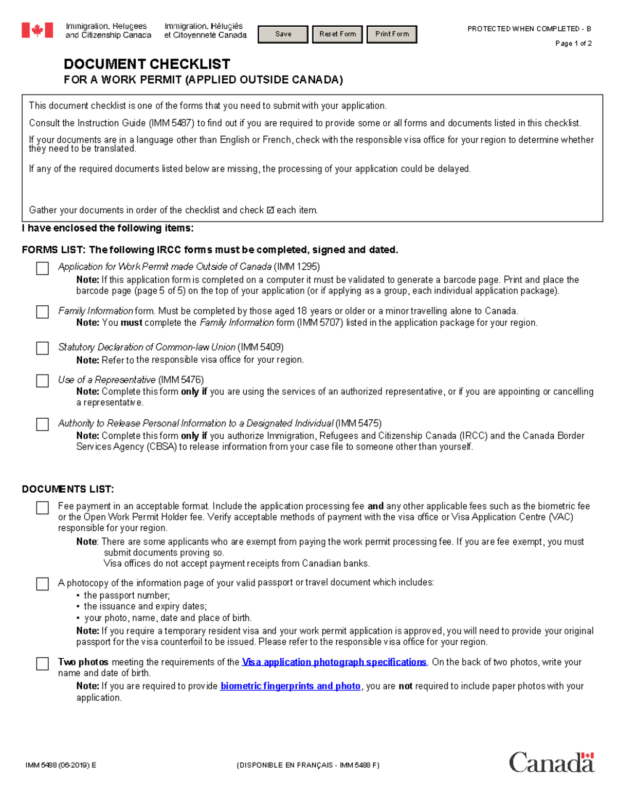 Imm5488 Document Checklist For A Work Permit Applied Outside Canada 