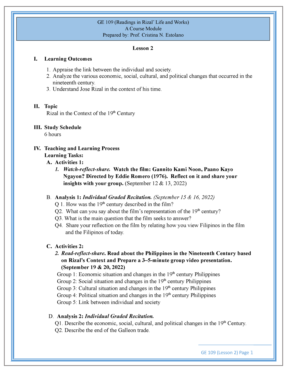 GE-109-Lesson-2-Rizal-in-the-Context-of-the-19th-Century - Lesson 2 I ...