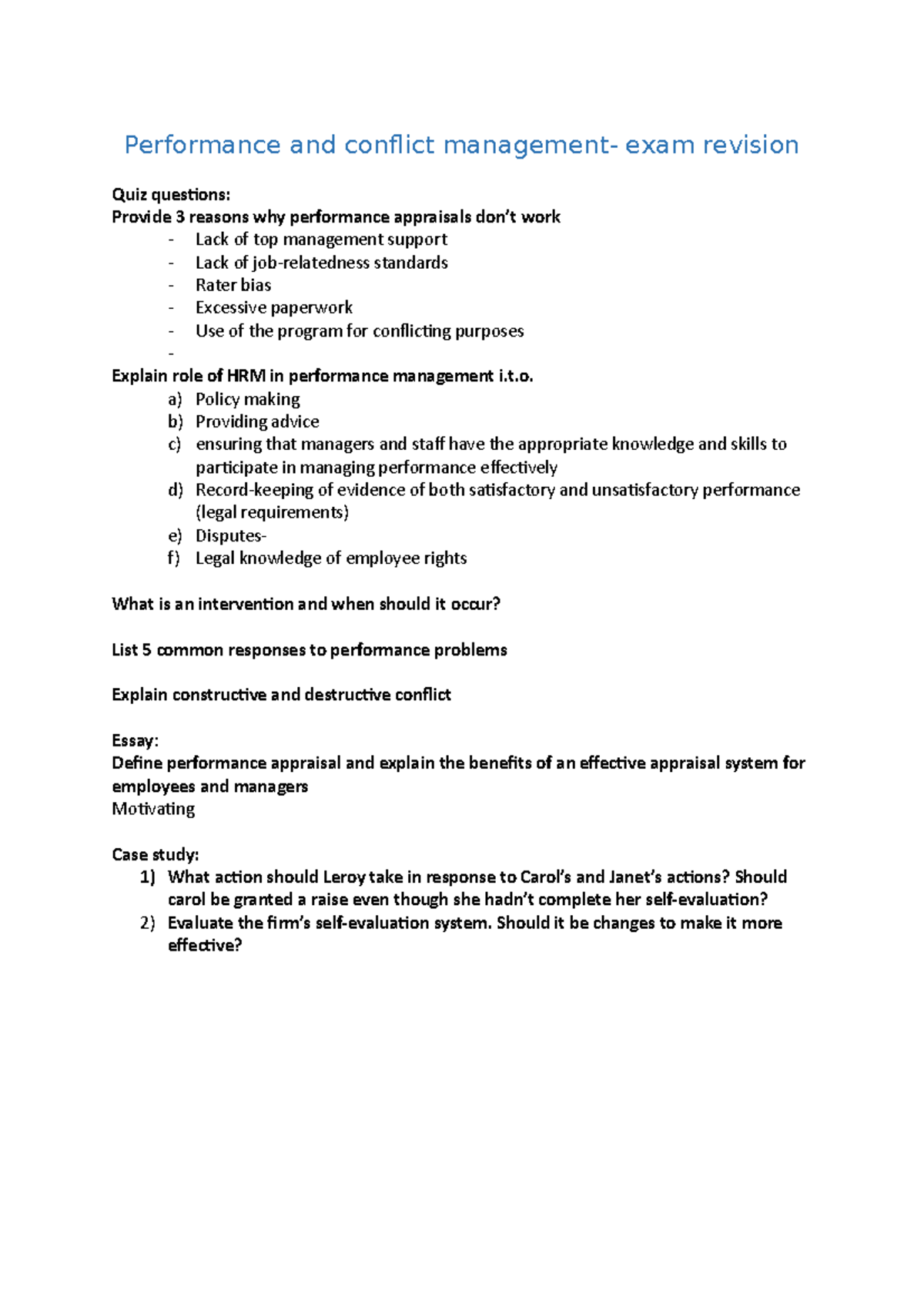 Pnc Exam Revision - Performance And Conlict Management- Exam Revision 