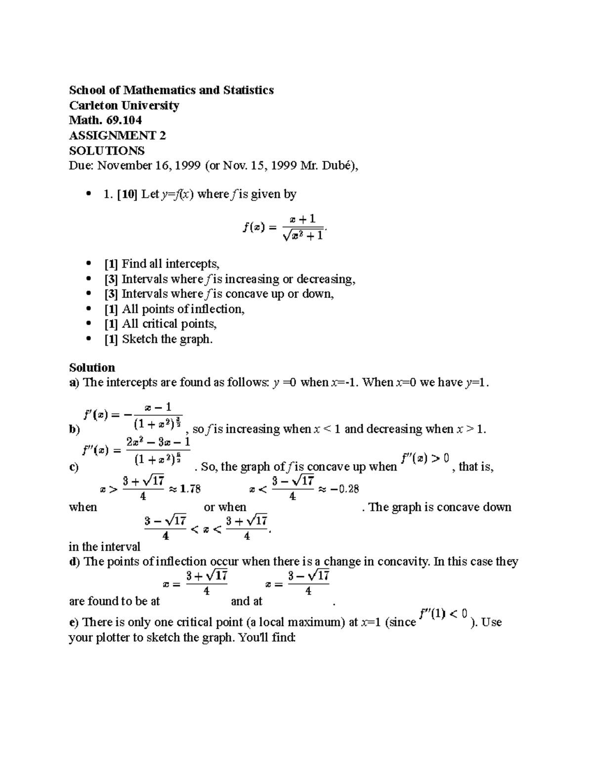 Assignment 02 1999 Solutions - School of Mathematics and Statistics ...