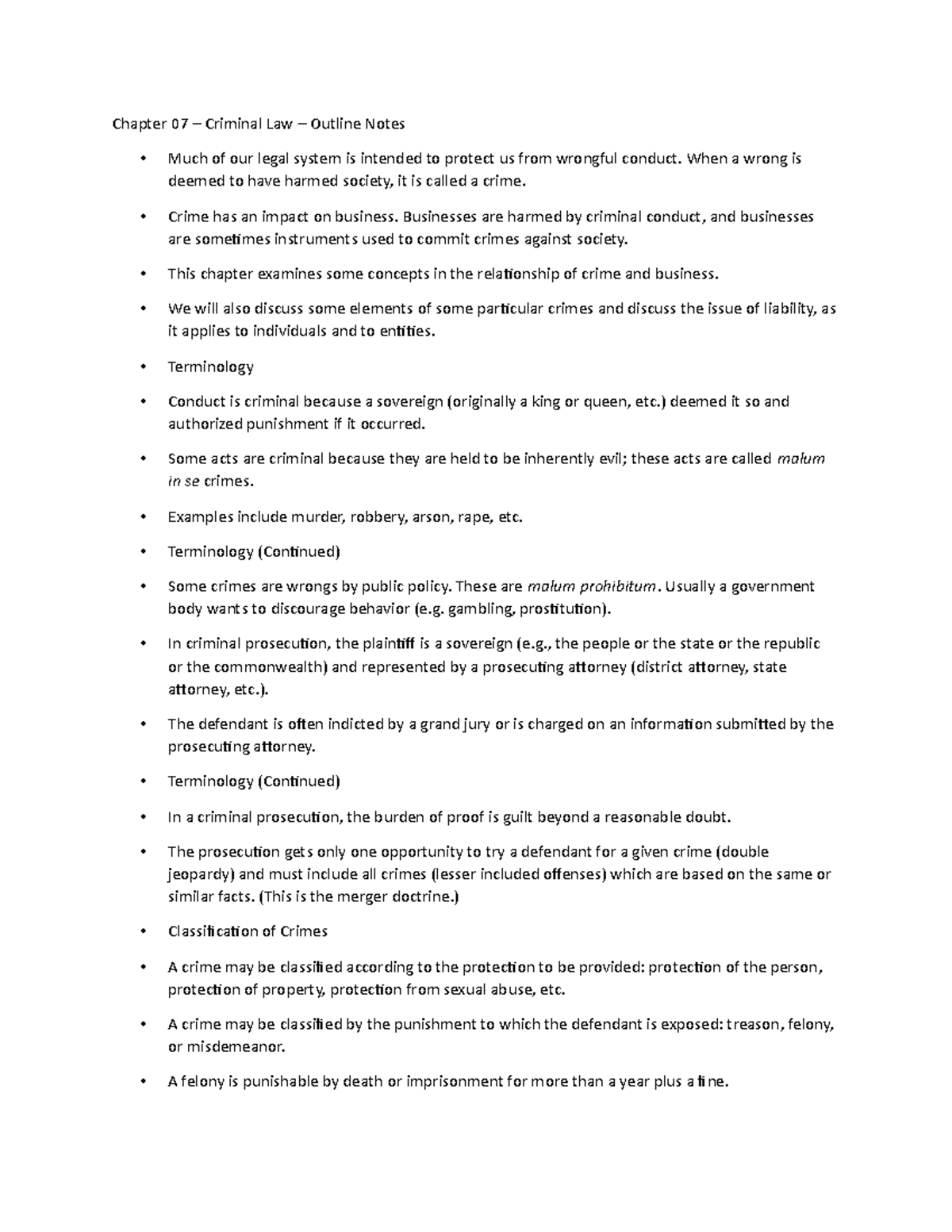 BUL 3310 Chap 7 Outline Notes - Chapter 07 – Criminal Law – Outline ...