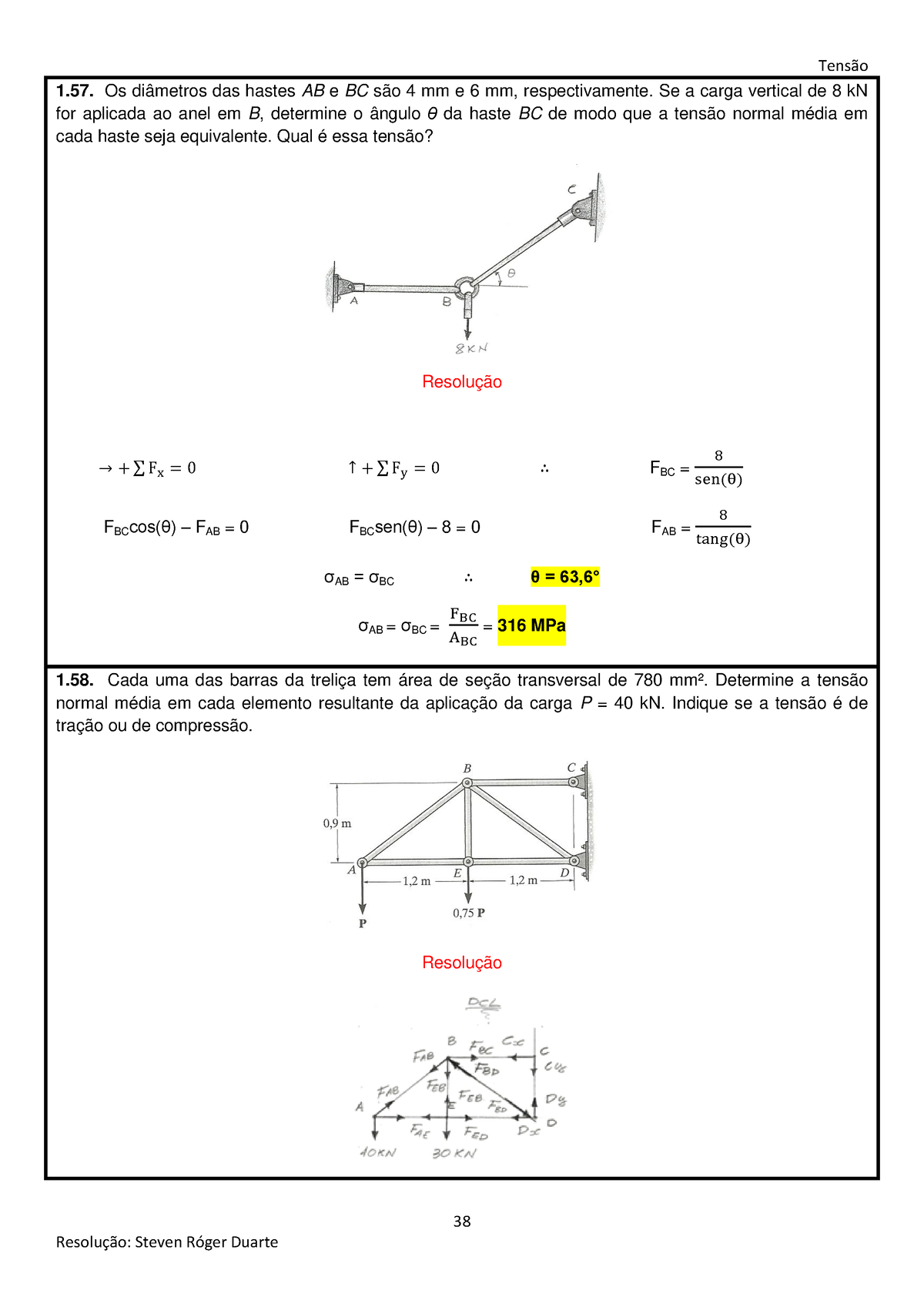 Solucionário Resistência dos Materiais Tensão Resolução Steven Róger Duarte Os