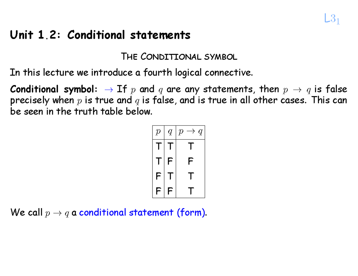 WTW115 Lecture 03 (post lecture notes) 2023 - L 3 Unit 1: Conditional ...