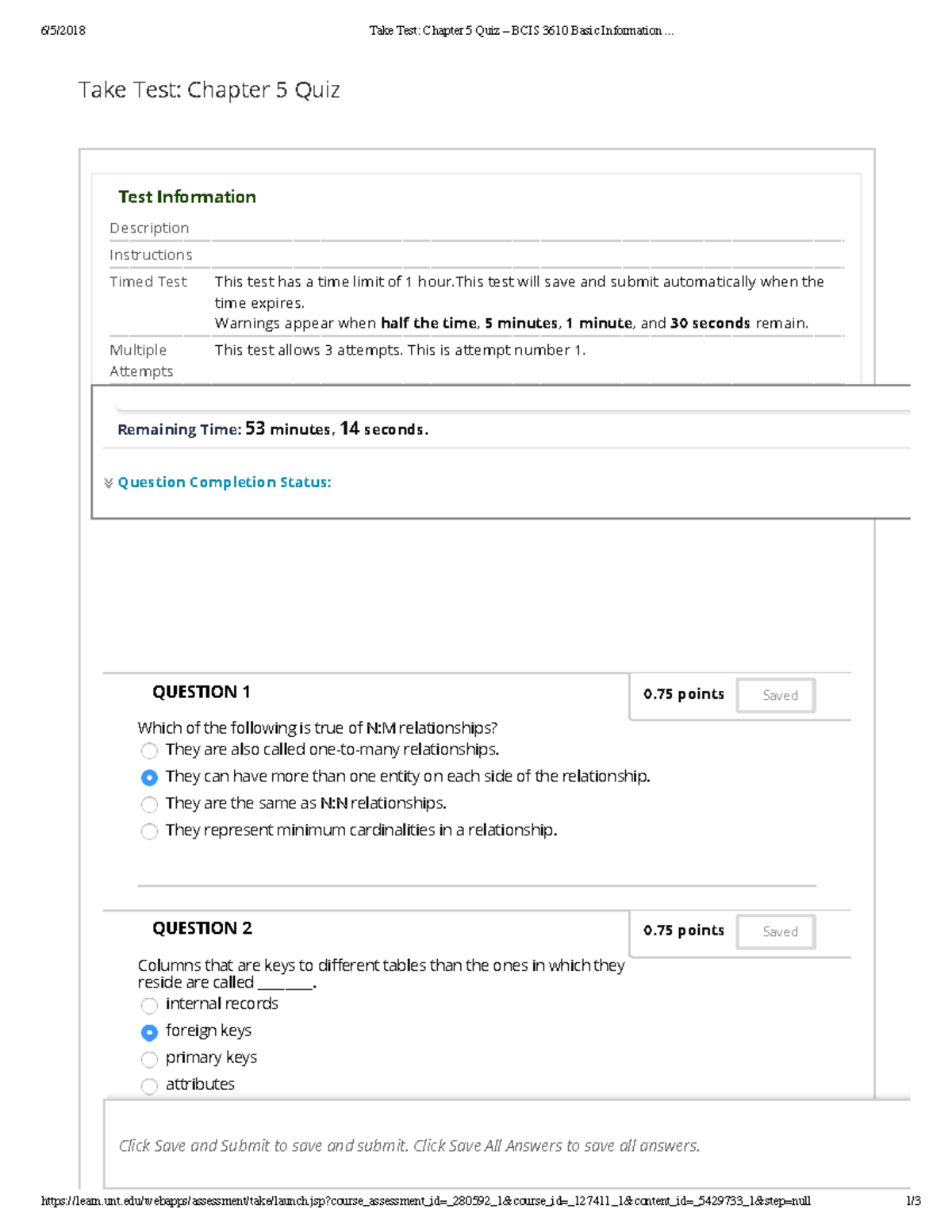 UNT - BCIS 3610 Chapter 5 Quiz Review - Take Test: Chapter 5 Quiz BCIS ...