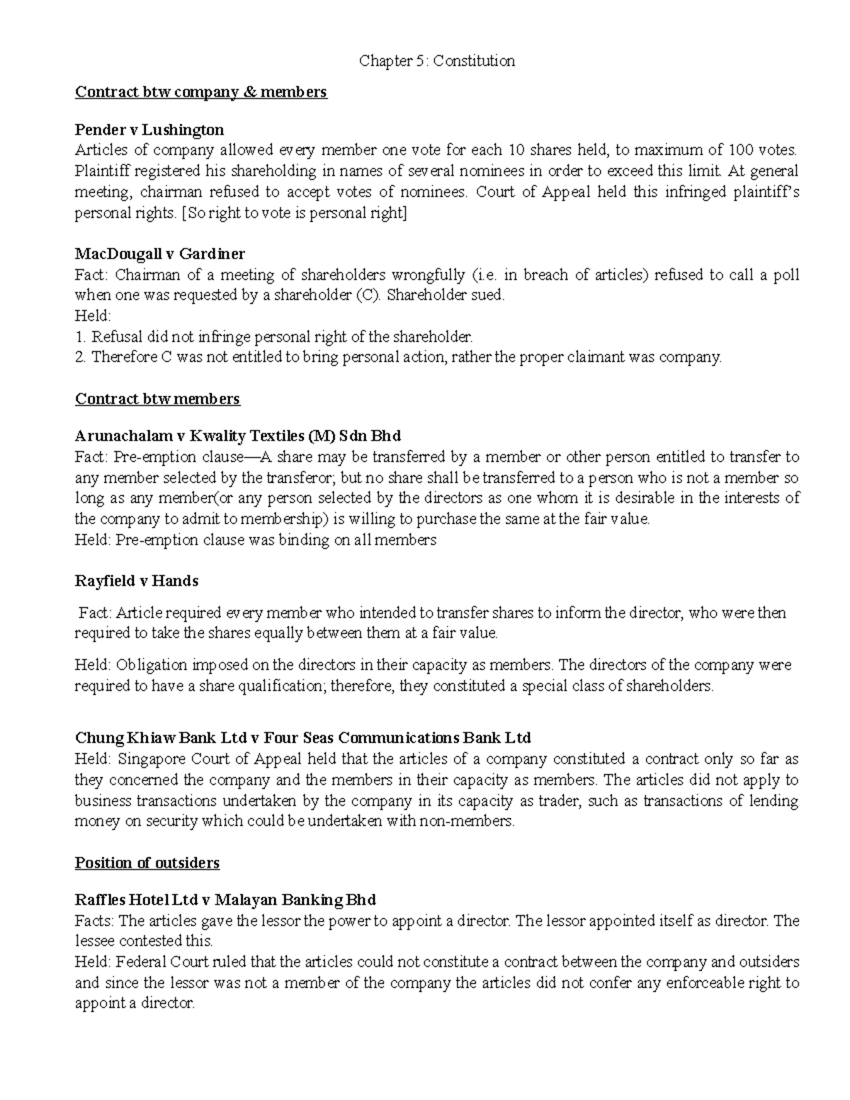 Chapter 5 cases - Chapter 5: Constitution Contract btw company ...