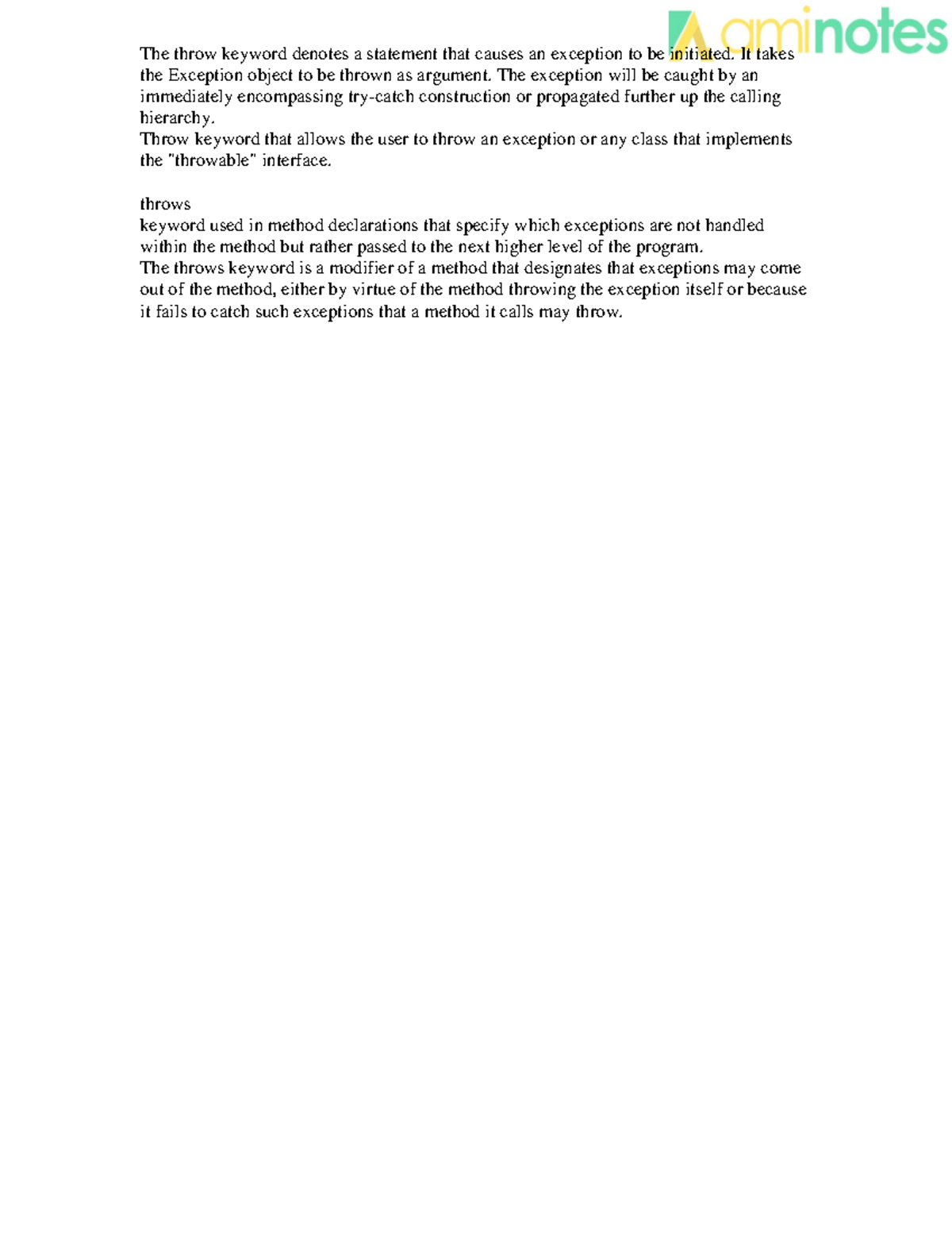 Mod2 Throw Throws good notes contain depth The throw keyword