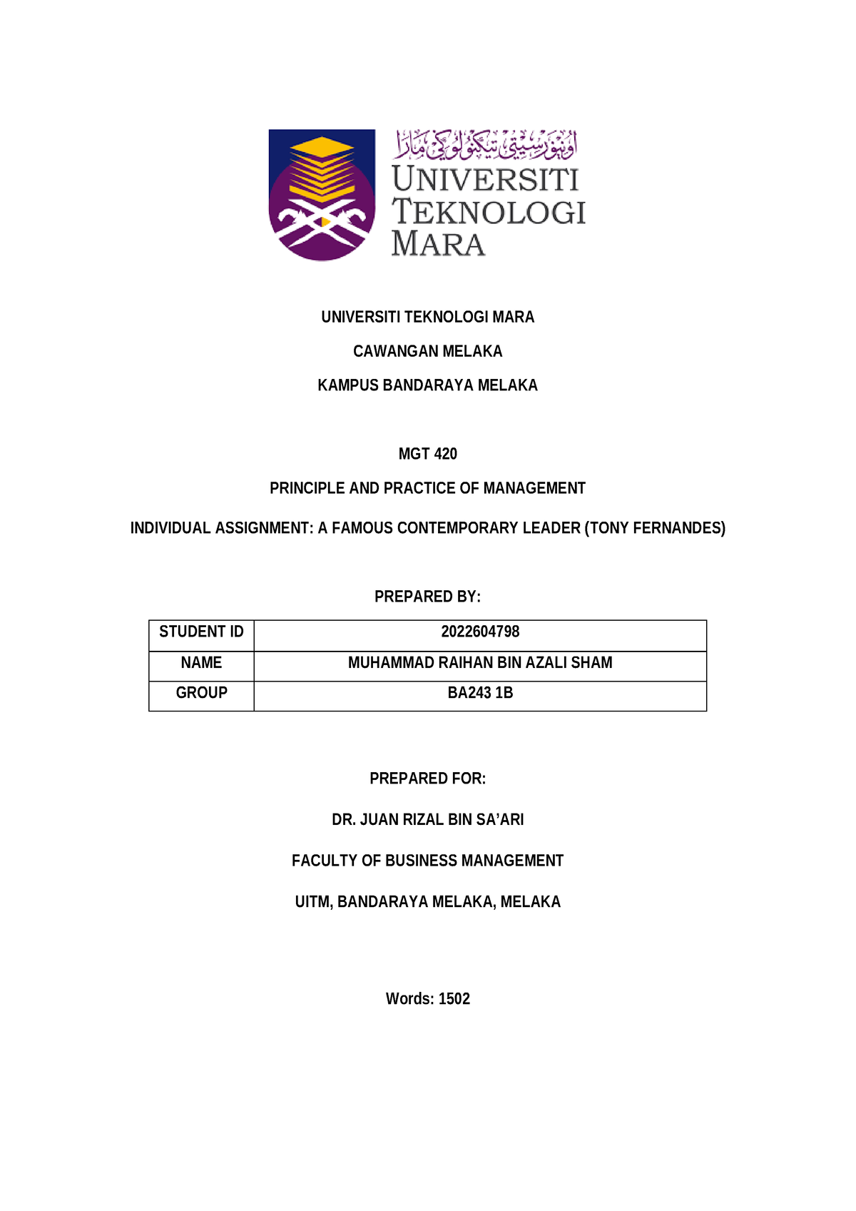 MGT ( TONY Fernandes ) - tony - UNIVERSITI TEKNOLOGI MARA CAWANGAN ...