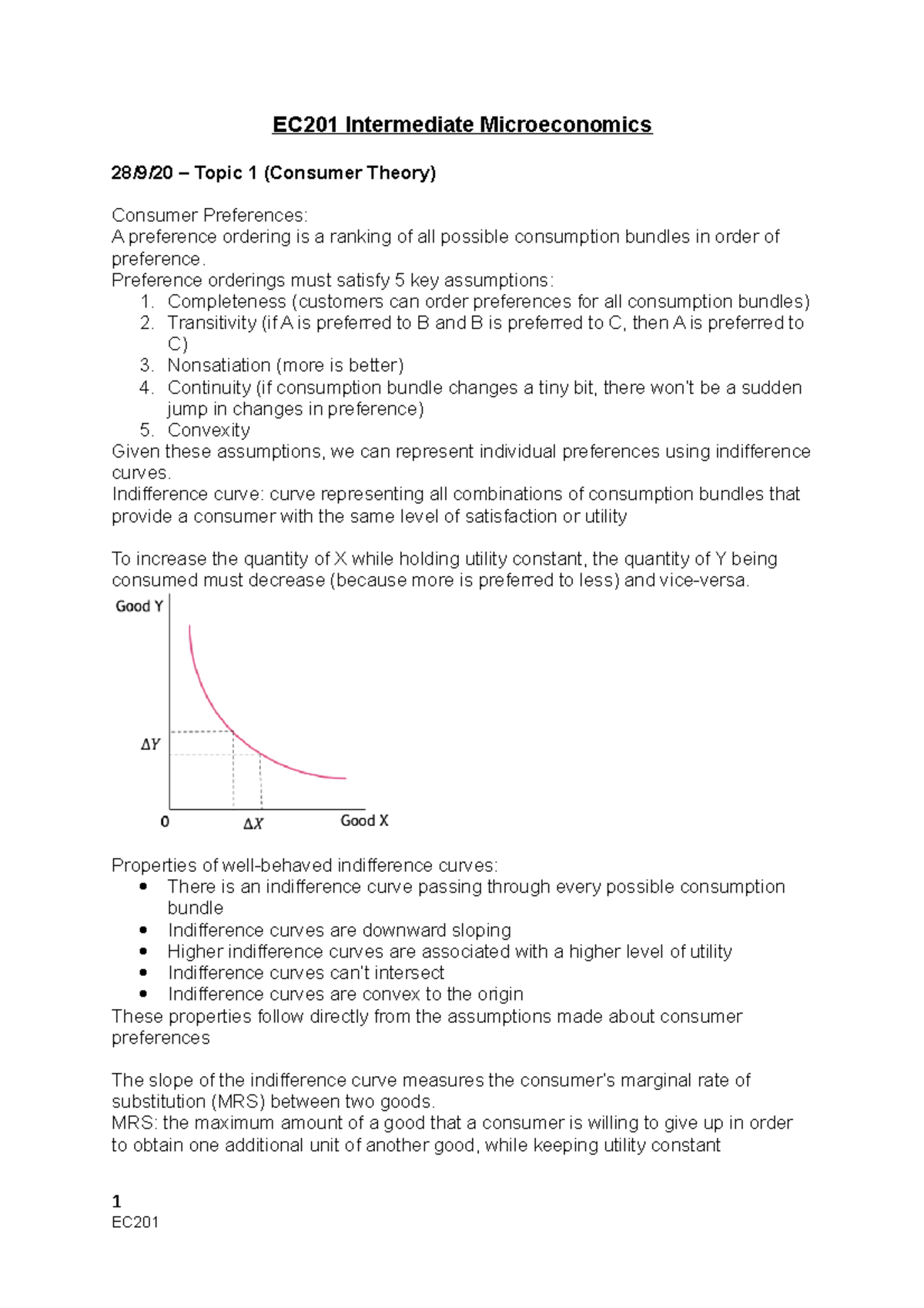 EC201 Intermediate Microeconomics Notes - EC201 Intermediate ...