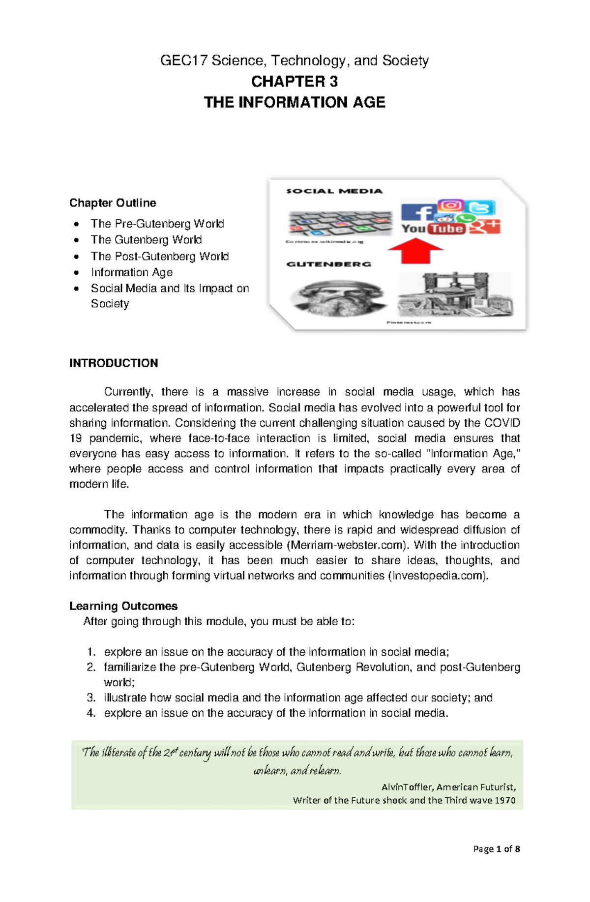 STS Chapter 3 The information age. GEC17 Science, Technology, and