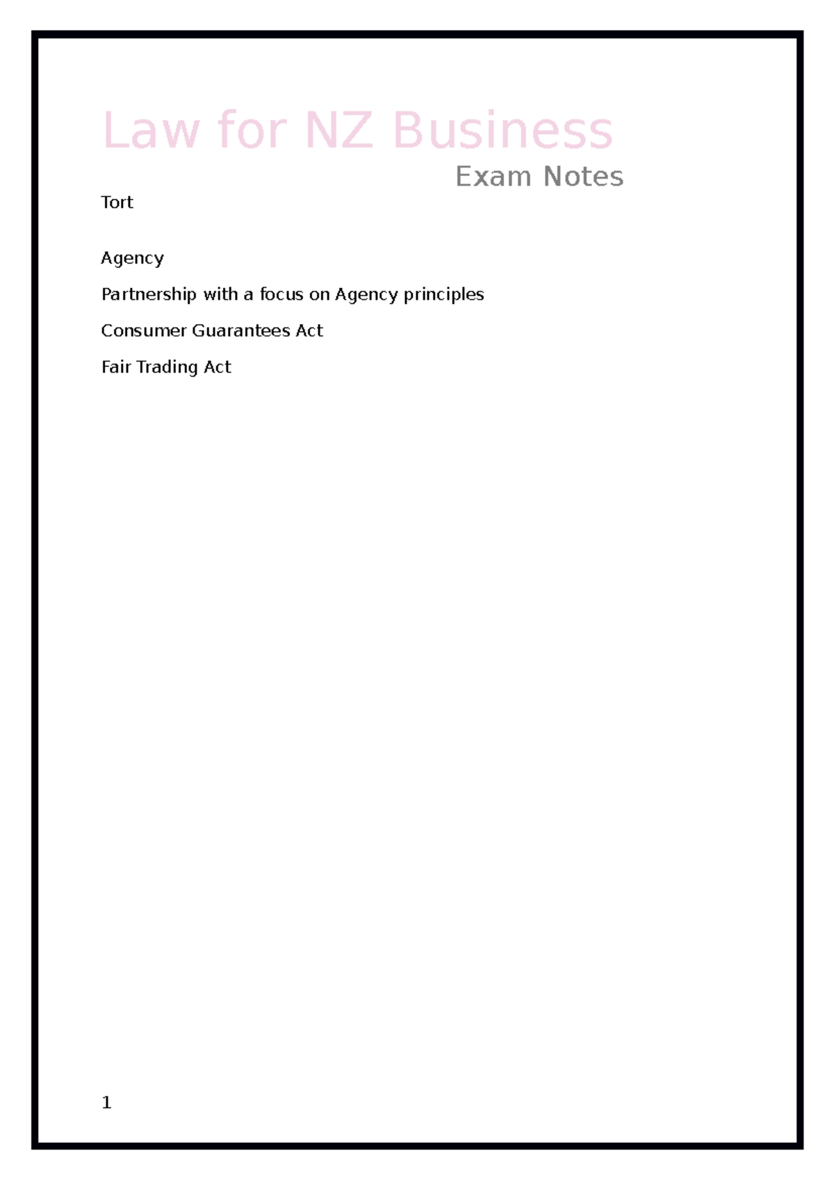 End of Year Exam Notes for Law for NZ Business - Law for NZ Business ...