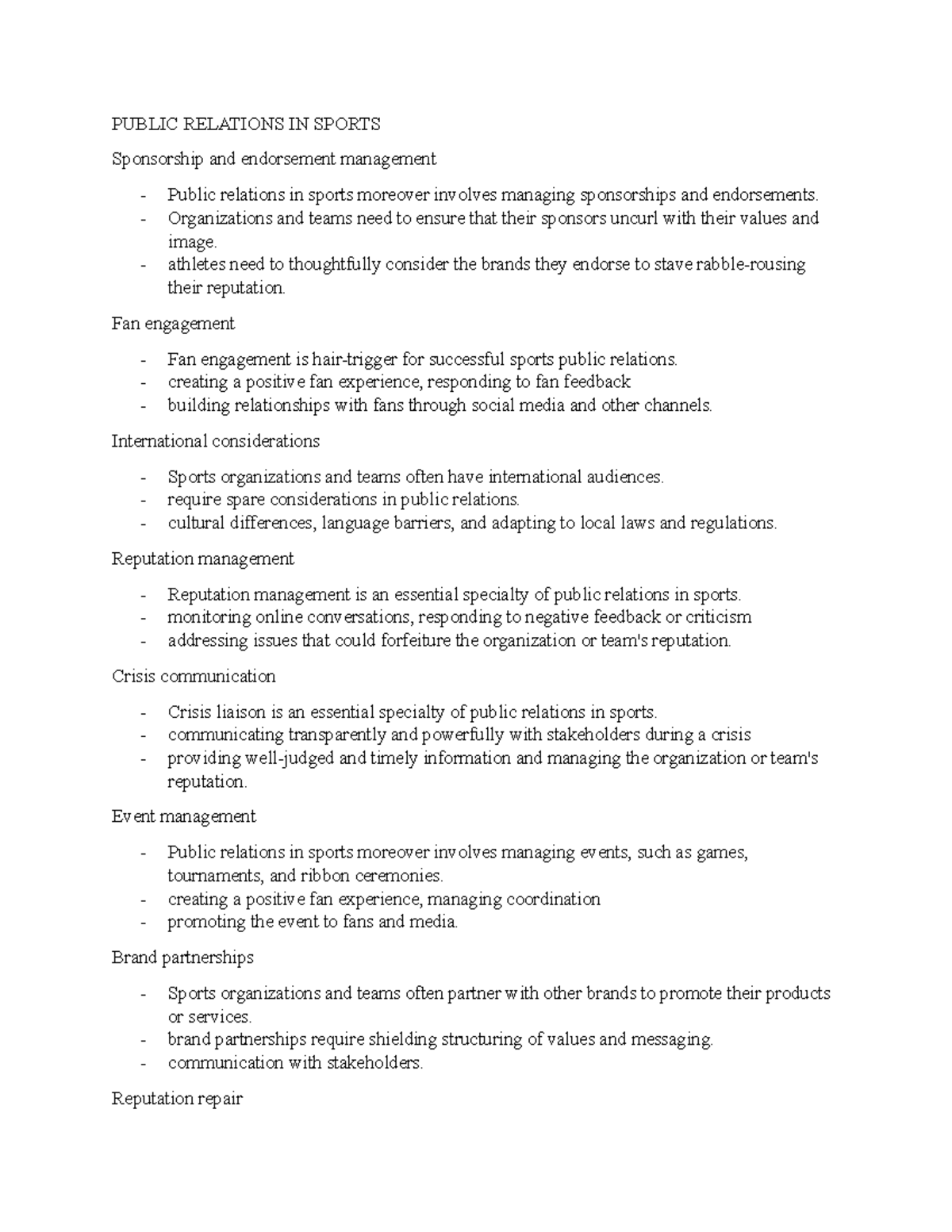 Public Relations IN Sports Notes 2 PUBLIC RELATIONS IN SPORTS