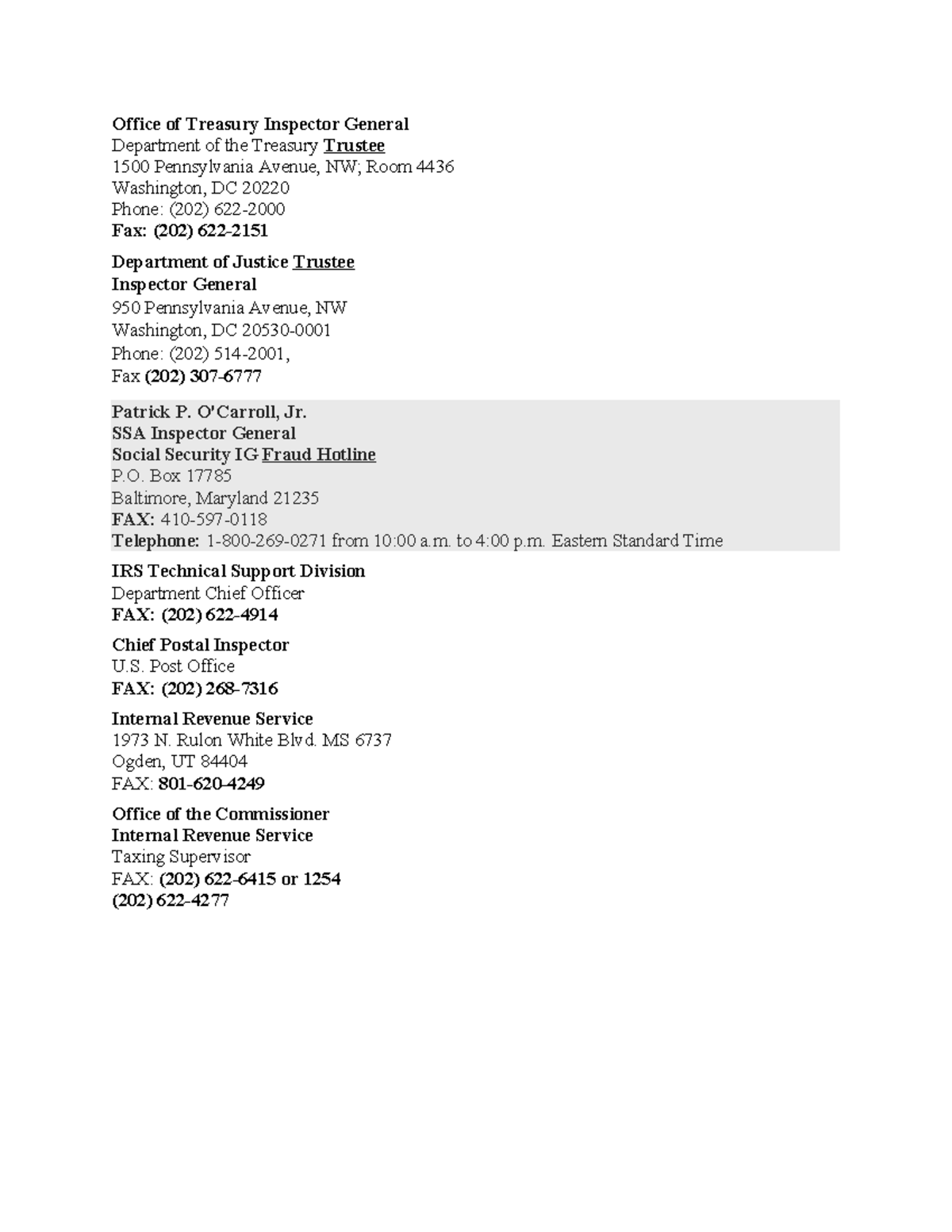 Addresses of Inspector Generals - Office of Treasury Inspector General