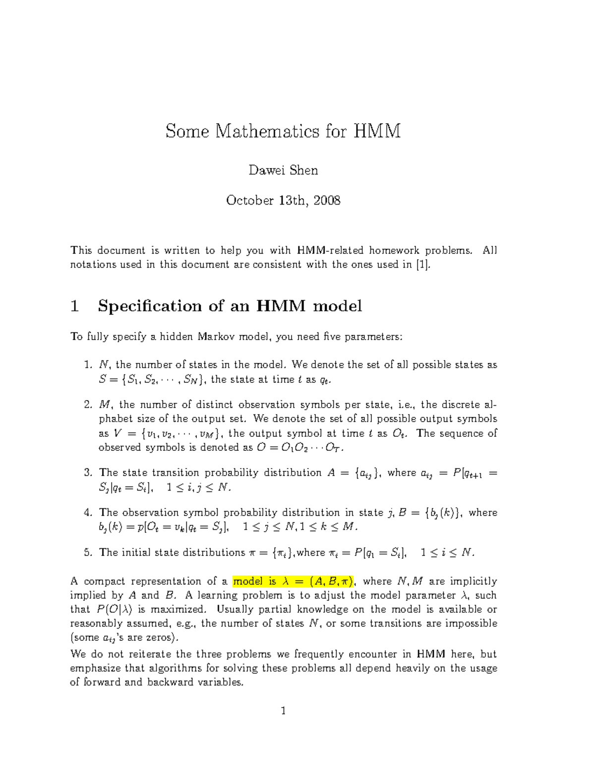 Tutorial Some Mathematics for HMM - Some Mathematics for HMM Dawei Shen ...