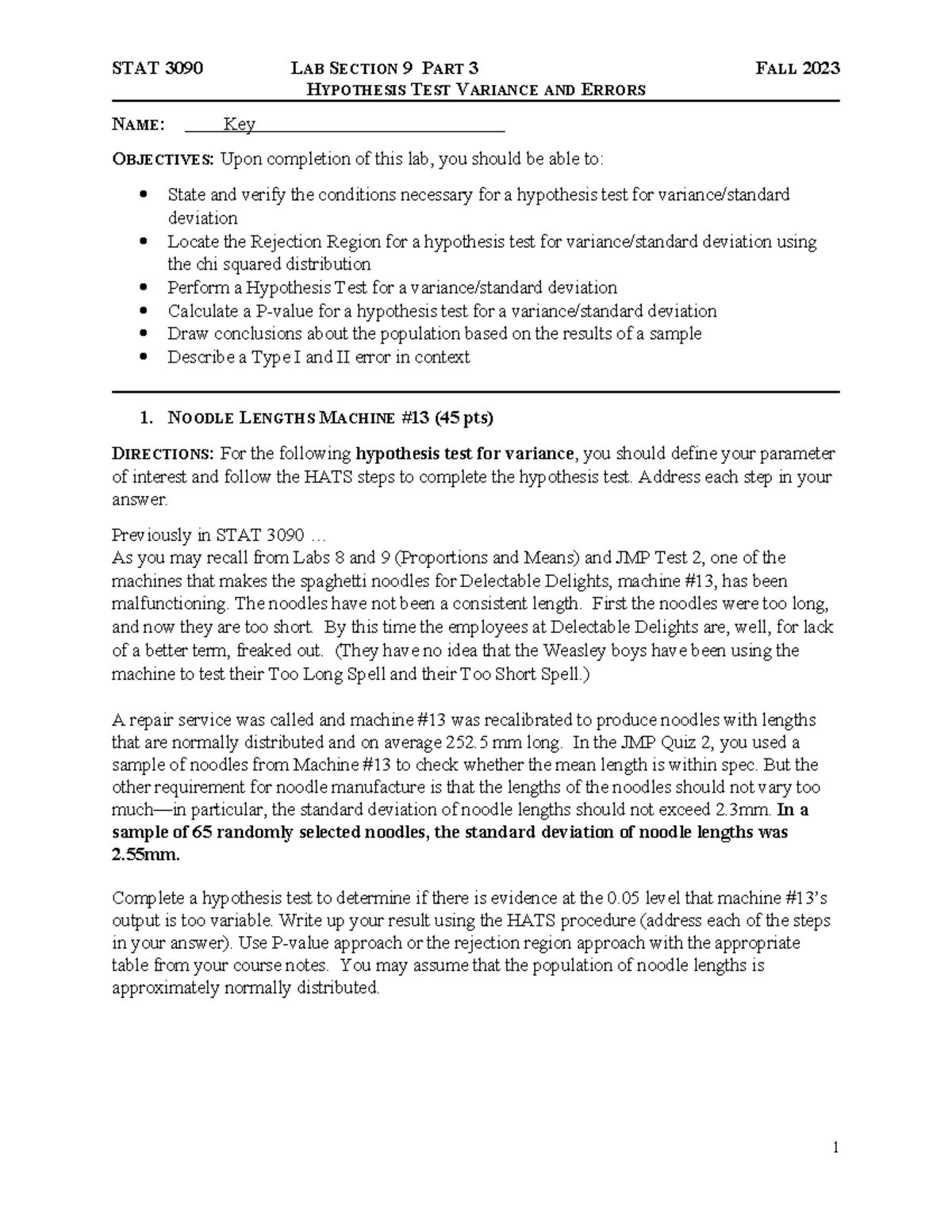 Lab Section 9 Part 3 Variance Key - STAT 3090 LAB SECTION 9 PART 3 FALL ...