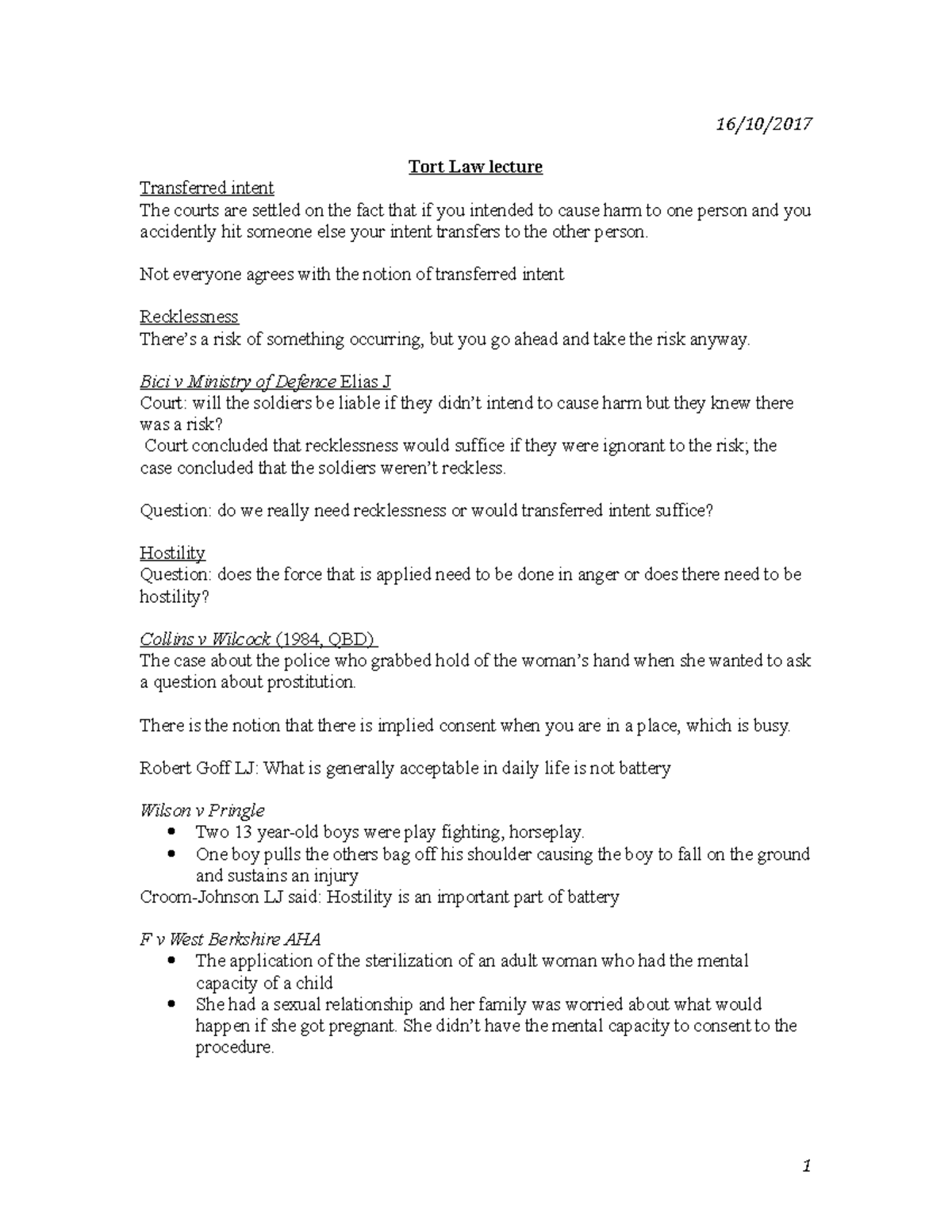 Tort-lecture-1 - Lecture notes All - Tort Law lecture Transferred ...