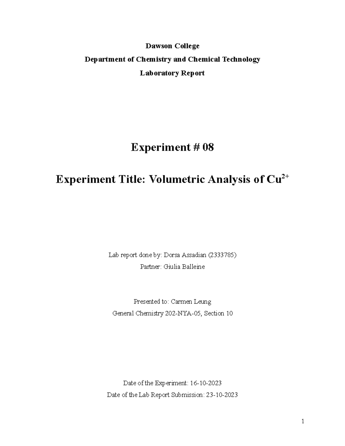 Volumetric Analysis lab 8 Dawson College Department of Chemistry