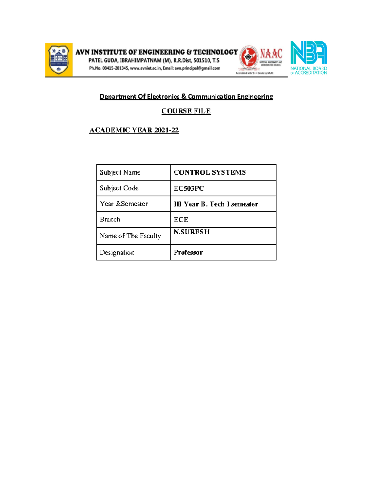 Course FILE Control Systems Suresh - Department Of Electronics ...