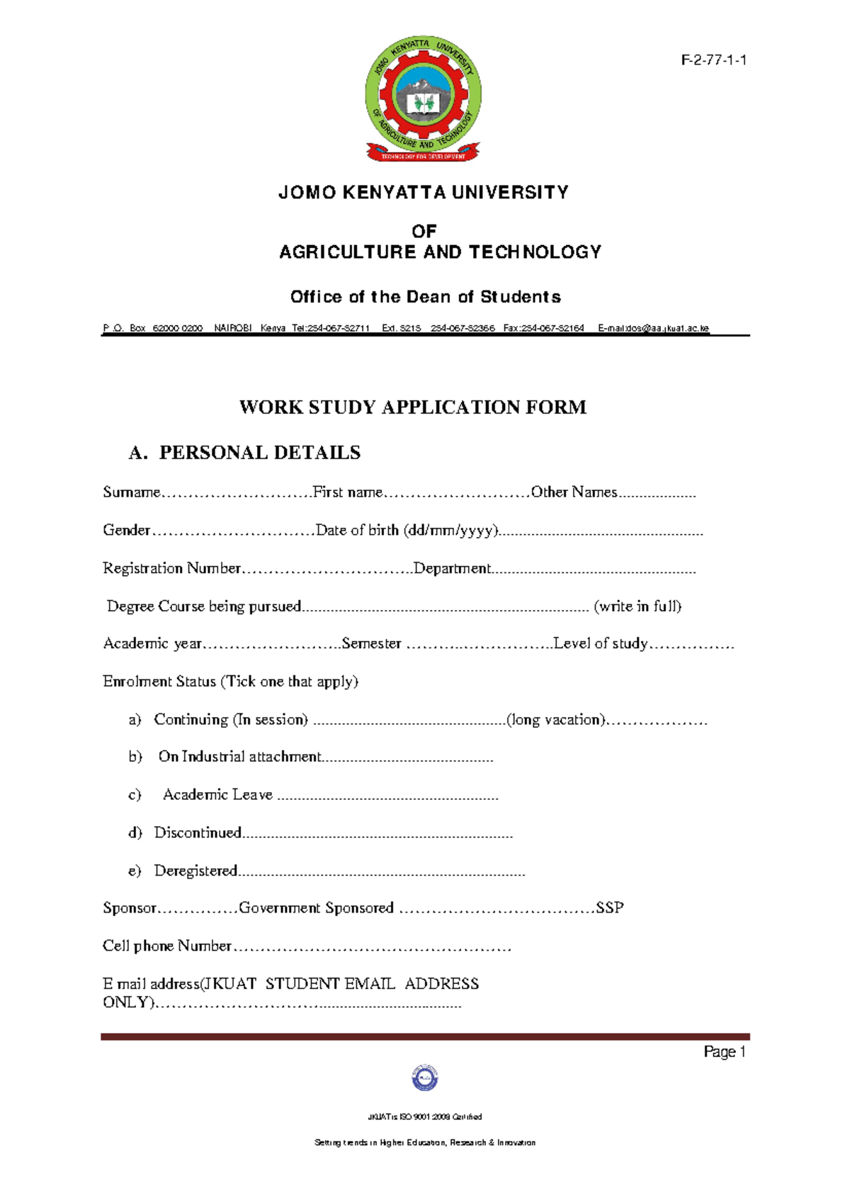 Workstudyapplicationform 1 pdf Page 1 JKUAT is ISO 90012008 Certified JOMO KENYATTA