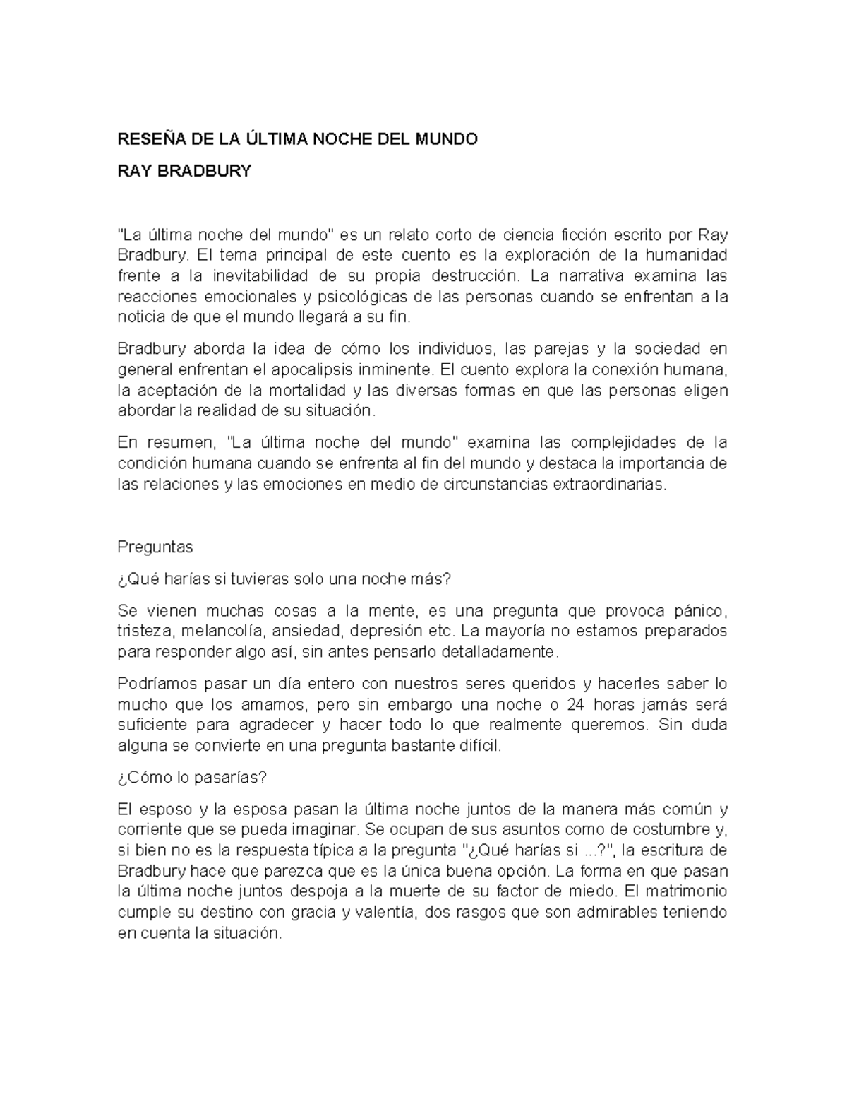 Reseña RJGT - RESEÑA DE LA ÚLTIMA NOCHE DEL MUNDO RAY BRADBURY "La ...