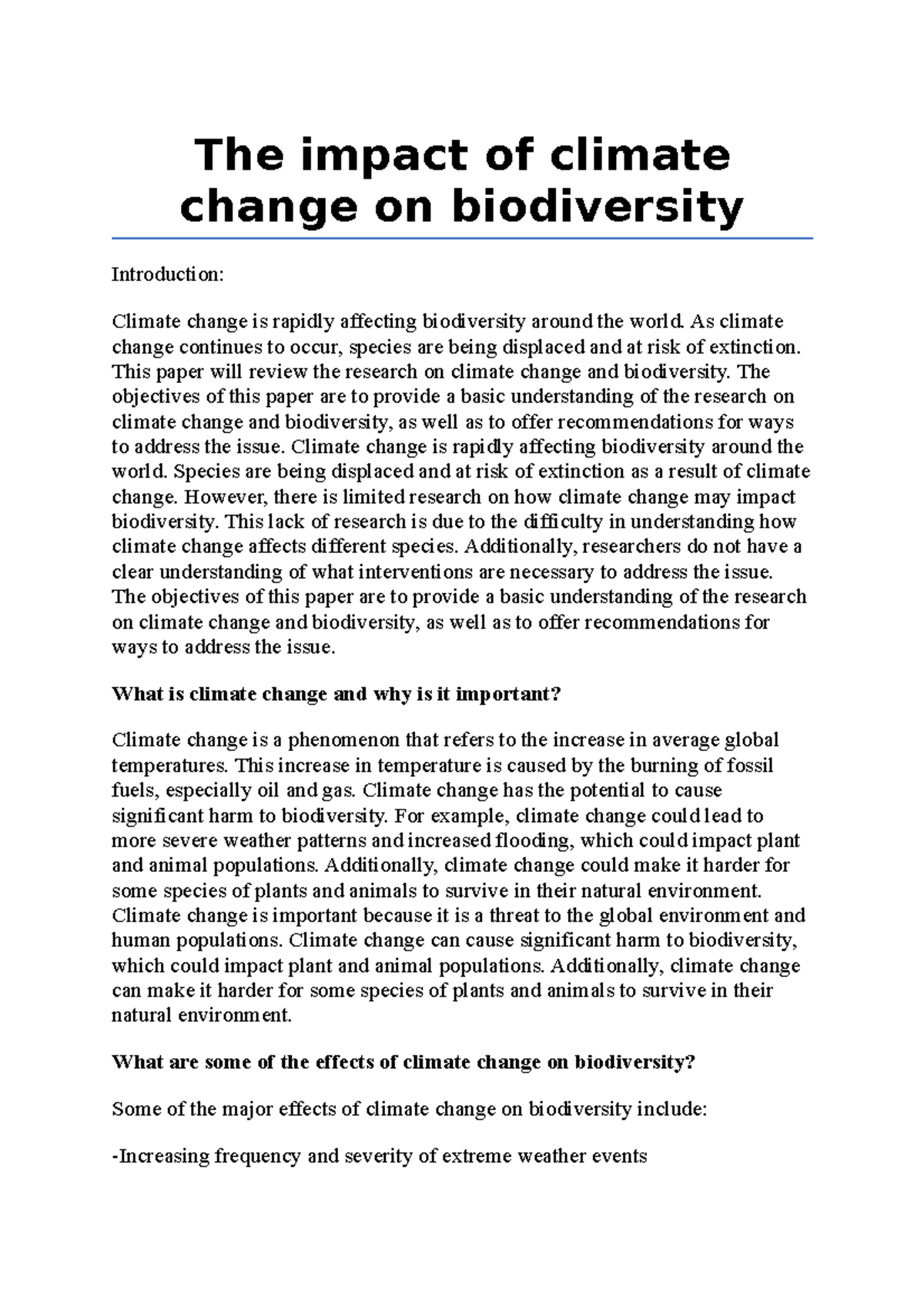 The impact of climate change on biodiversity - The impact of climate ...