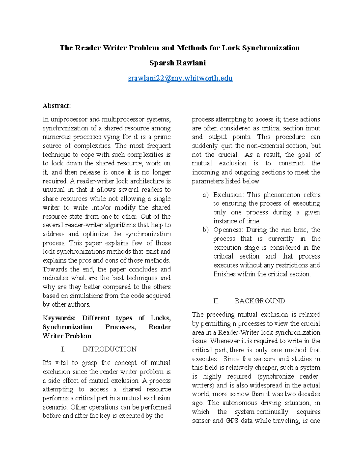 Final Paper OS - The Reader Writer Problem and Methods for Lock ...