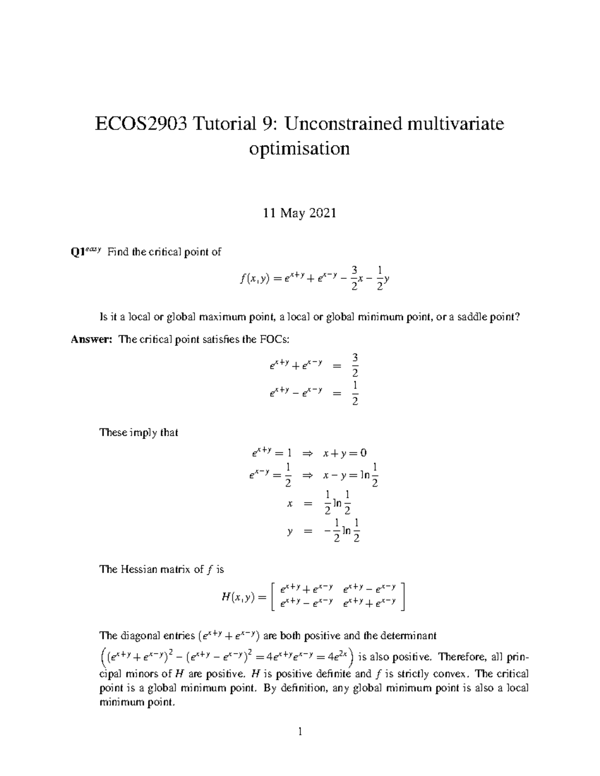 T9 - lecture notes - ECOS2903 Tutorial 9: Unconstrained multivariate ...