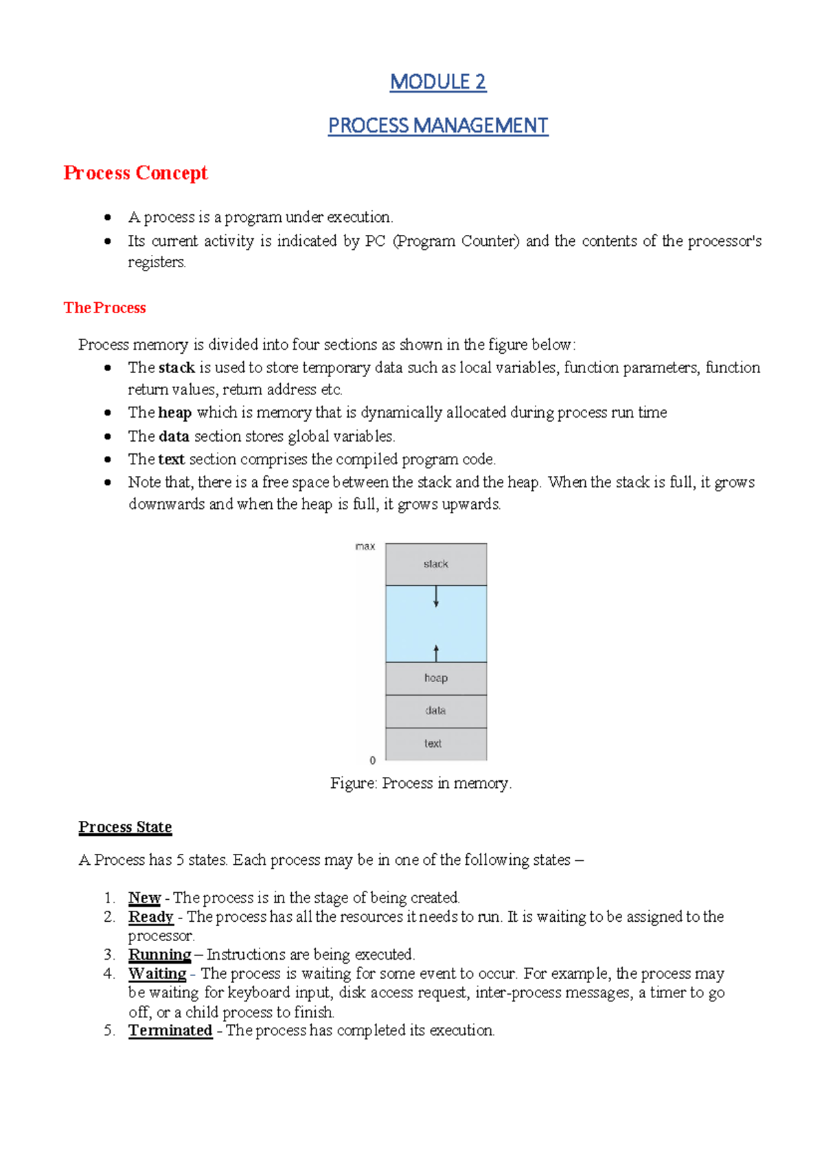 OS Module 2 - enkvfo - MODULE 2 PROCESS MANAGEMENT Process Concept • A ...
