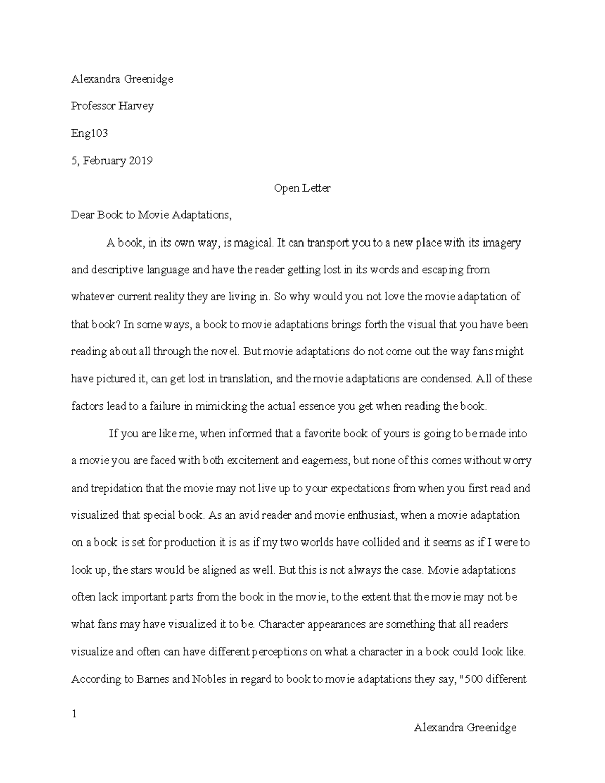 Open Letter - Grade- 26.5 (B+) - Alexandra Greenidge Professor Harvey ...