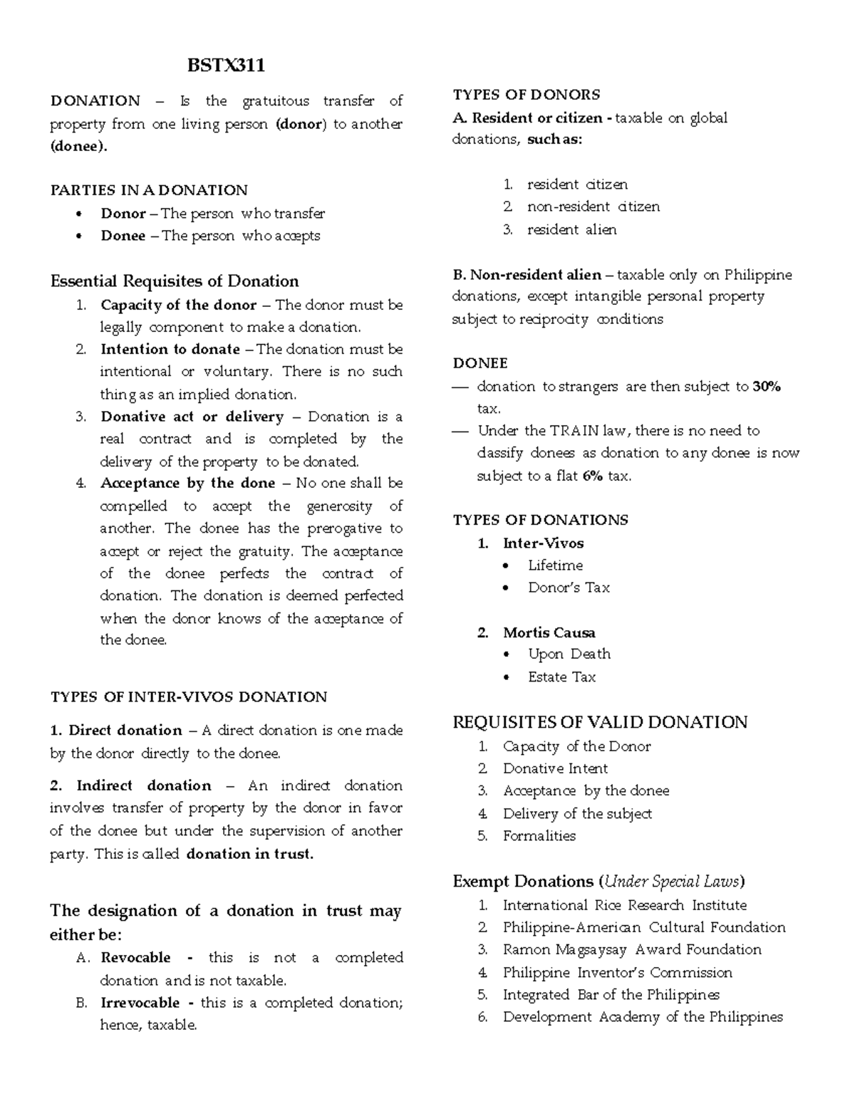 BSTX311-finals - BSTX DONATION – Is the gratuitous transfer of property ...